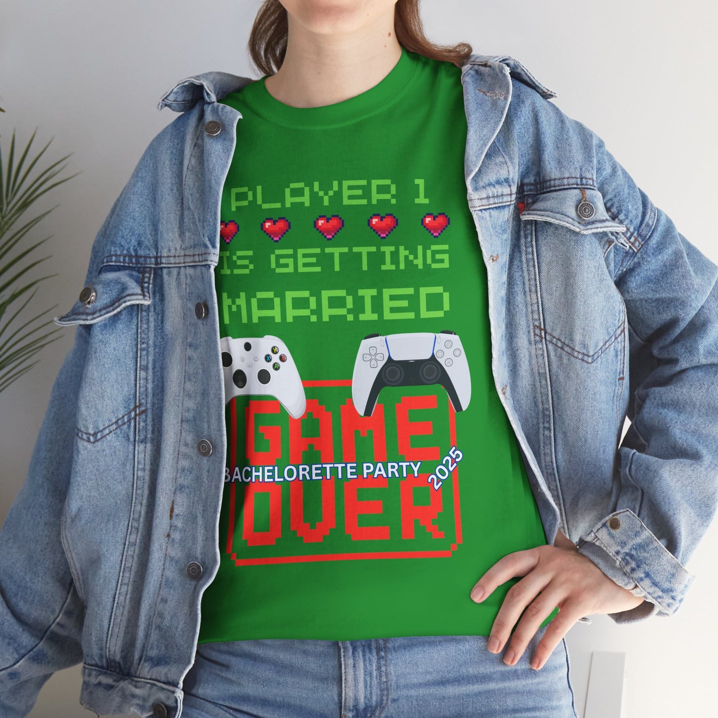 Gamer Girl Bachelorette Party 2025 Unisex Heavy Cotton Tee - "Player 1 is Getting Married", Video Game, Gaming, Console, PC, Tech, Geek, Squad, Nerd