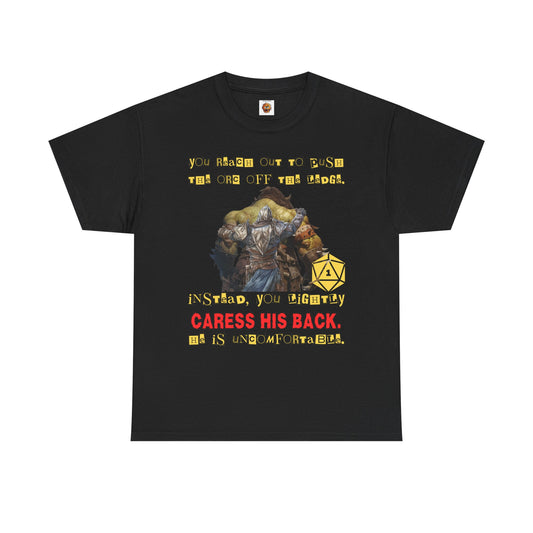 Funny Dungeons & Dragons DND Unisex Heavy Cotton Tee Shirt - 'You Reach Out to Push the Orc Off the Ledge', D20, RPG, TTRPG, Roleplaying, Geek, Nerd