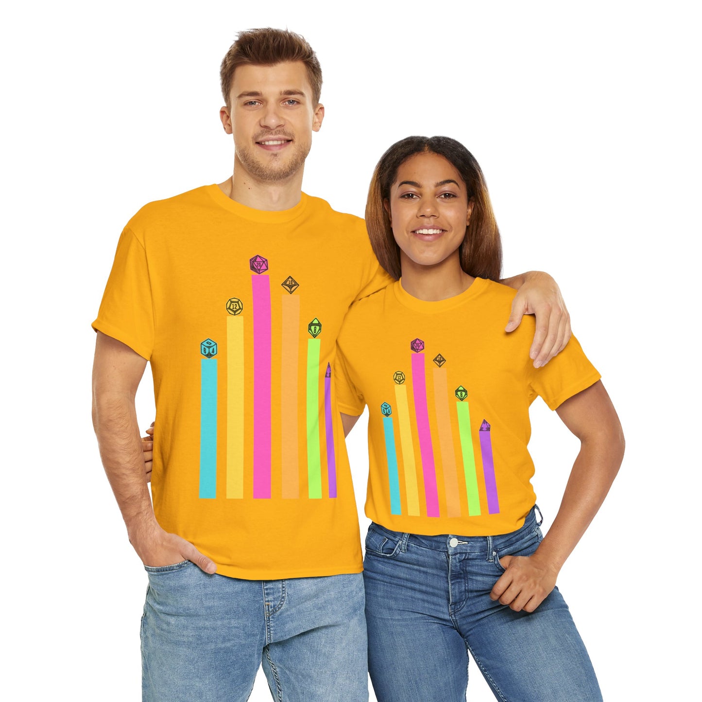 Vintage Minimalist Geeky Polyhedral Falling Retro Rainbow Dungeons and Dragons DND Unisex Heavy Cotton Tee Shirt - RPG, TTRPG, Roleplaying, Geek, Nerd