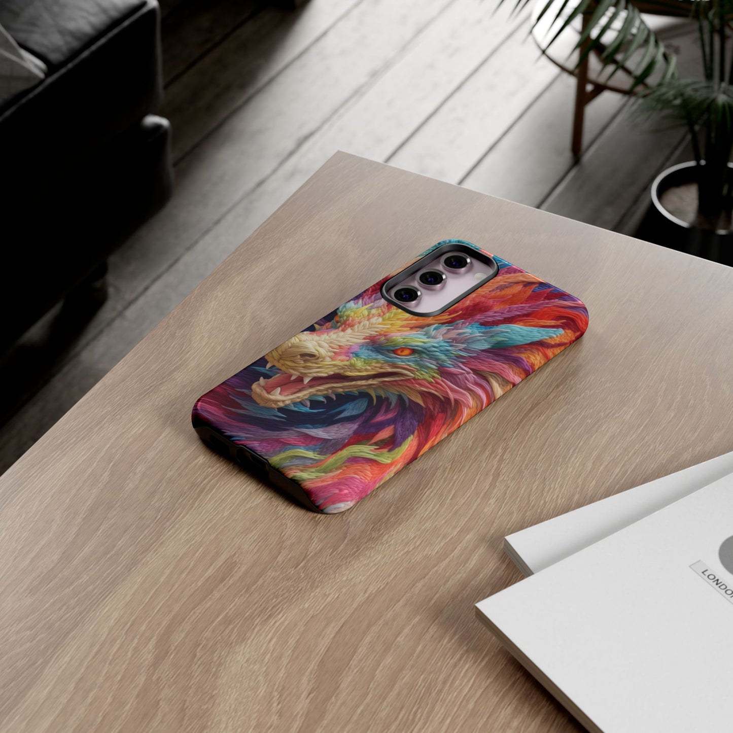 Vibrant 3D Embroidery Embroidered Rainbow Dragon Phone Case - Tough Protection for Fantasy Lovers, DND, RPG, TTRPG, Geek, Nerd