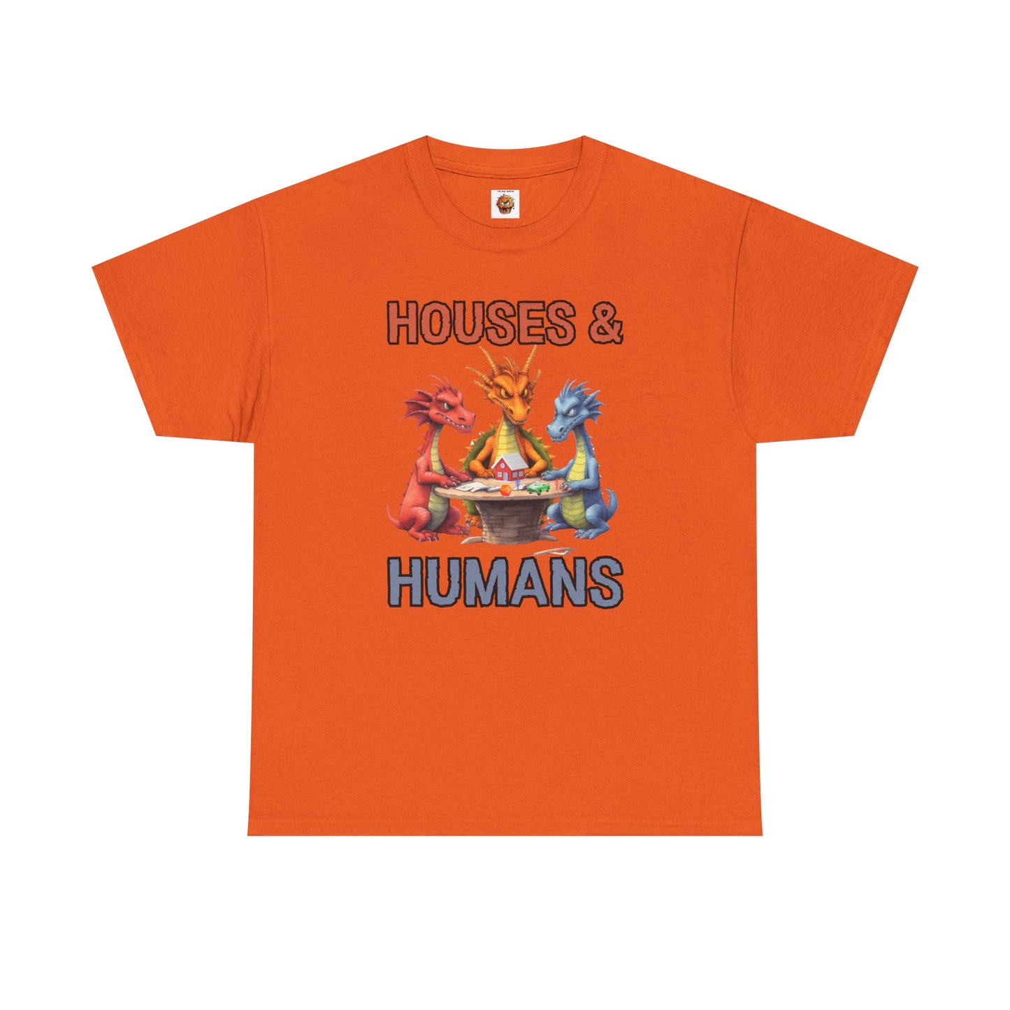 Funny 'Houses & Humans' Unisex Dragon Graphic Tee | Cute Fantasy Shirt for Fans | Gifts for Gamers, D&D, DND, RPG, TTRPG, Roleplaying, Geek, Nerd, D20