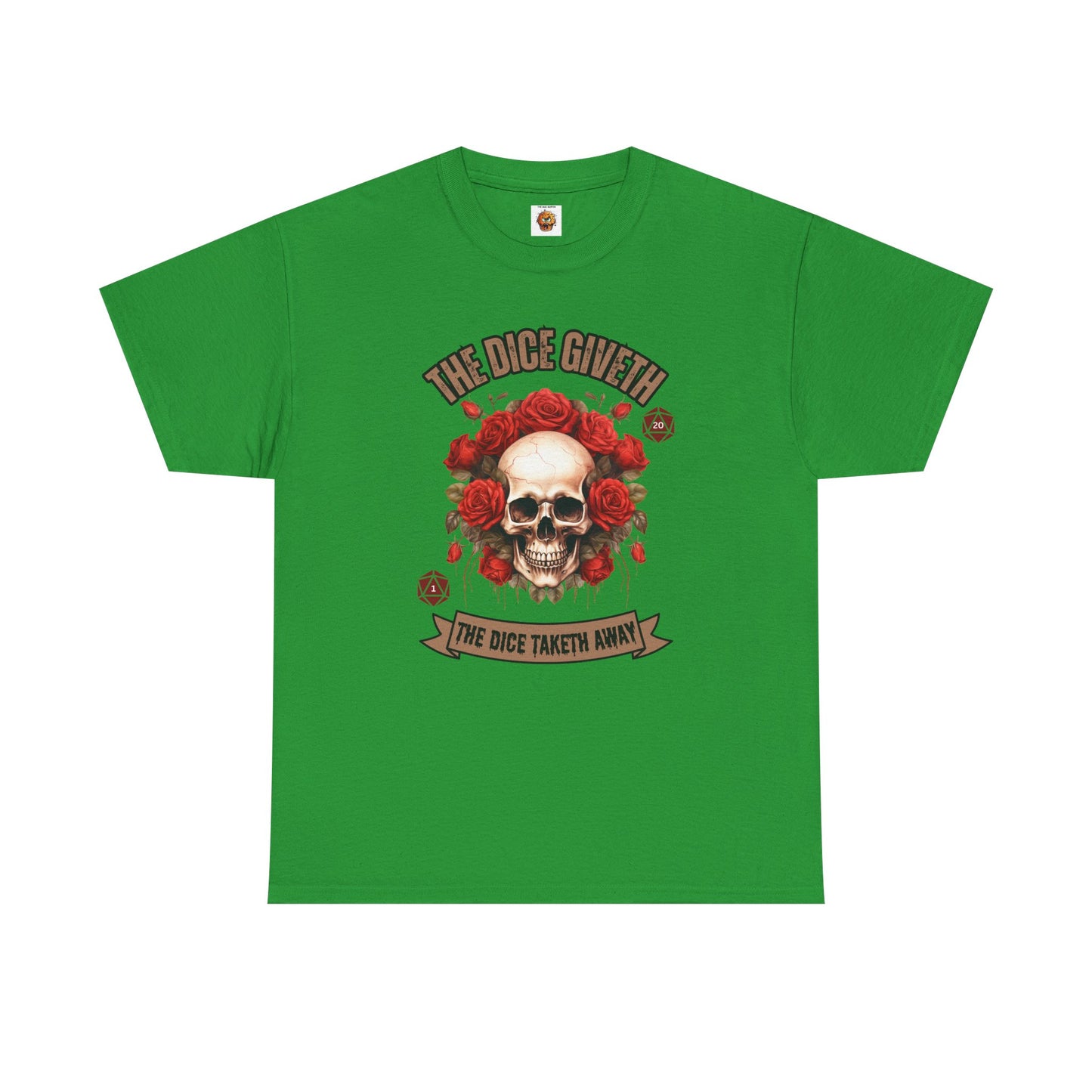 Skull & Roses 'The Dice Giveth The Dice Taketh Away' Graphic Tee, Unisex Heavy Cotton Tee, Casual Wear, Gift for Gamers, Alternative Fashion, D20, DND, RPG, TTRPG, Geek, Nerd