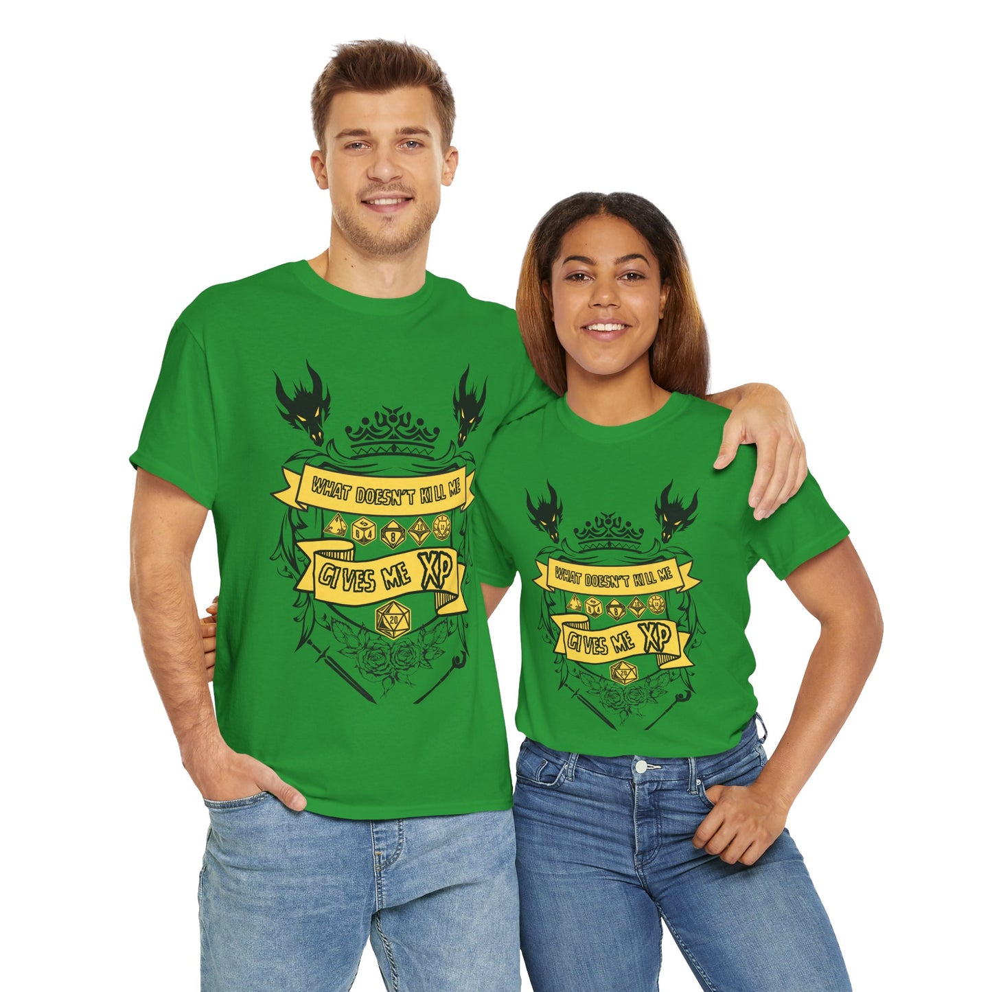 'What Doesn't Kill Me Gives Me XP' Dungeons and Dragons DND Unisex Heavy Cotton Tee Shirt T-Shirt - RPG, TTRPG, Roleplaying, Geek, Nerd
