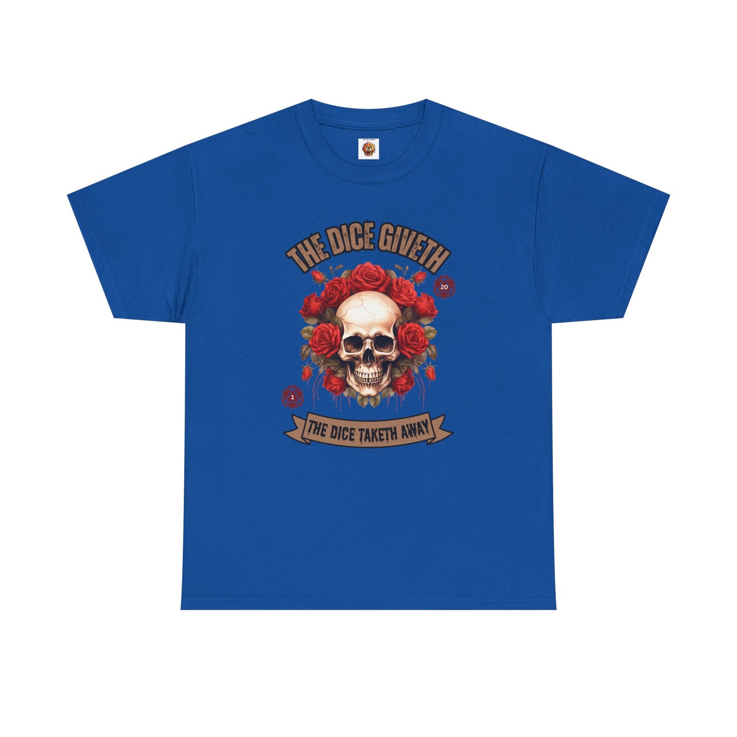 Skull & Roses 'The Dice Giveth The Dice Taketh Away' Graphic Tee, Unisex Heavy Cotton Tee, Casual Wear, Gift for Gamers, Alternative Fashion, D20, DND, RPG, TTRPG, Geek, Nerd