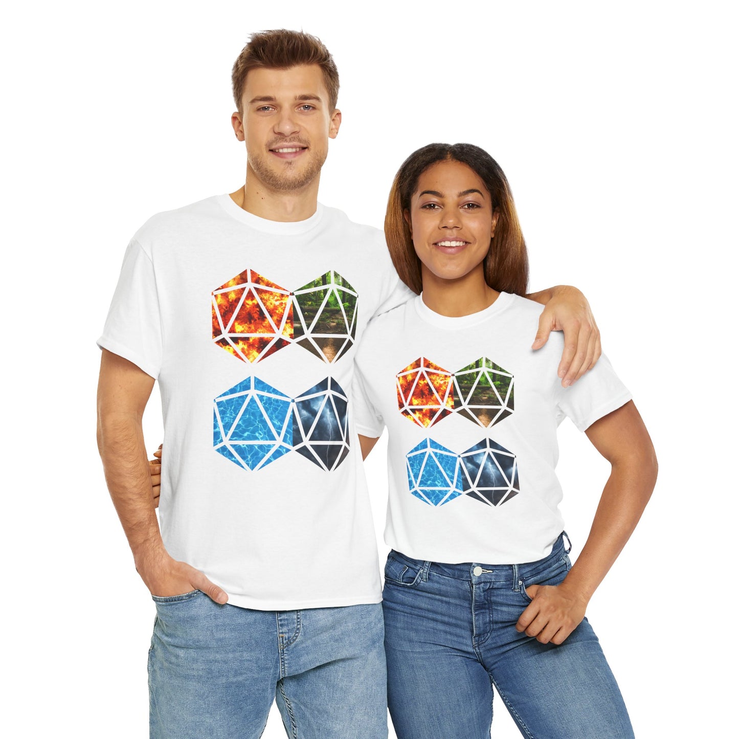 D20 Four Basic Elements Colorful Geometric Art Tee, Unisex Cotton T-Shirt, Modern Graphic Shirt, Gift for Art Lovers, Casual Everyday Wear, Festival Apparel, DND, RPG, TTRPG, Geek, Nerd