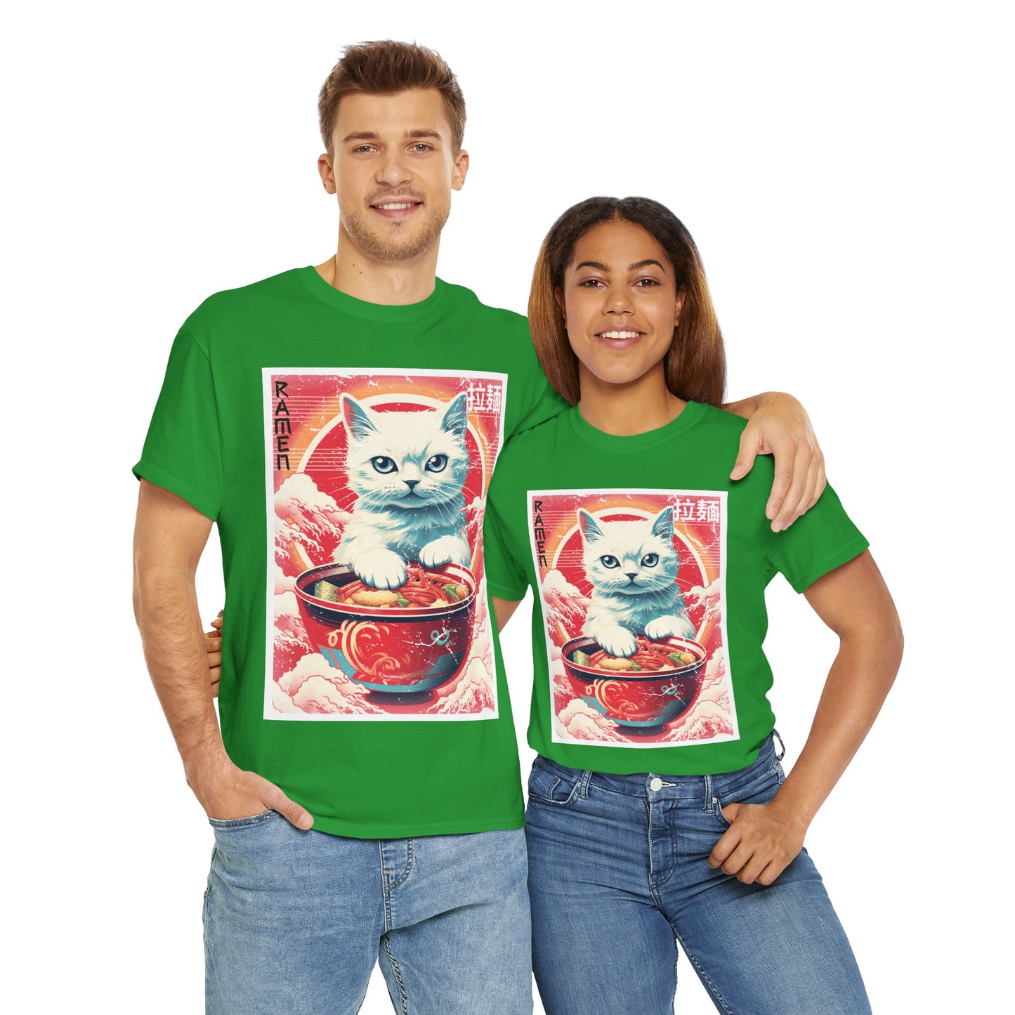 Cute Kawaii Anime Cat Eating Ramen Unisex Heavy Cotton Tee Shirt T-Shirt - Perfect for Animal Lovers and Foodies, Vintage Ad Style, Geek, Nerd