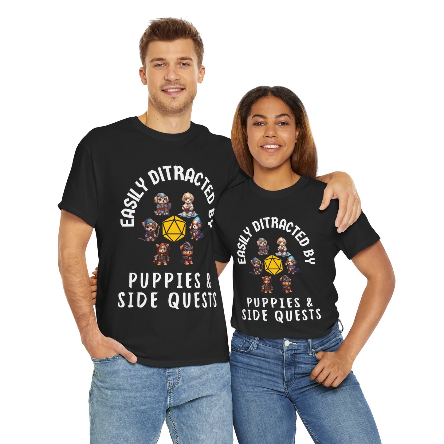 'Easily Distracted by Puppies & Side Quests' Unisex Heavy Cotton Tee Shirt - Shirt for Dog Lovers, DND, RPG, TTRPG, Roleplaying Game, Geek, Nerd