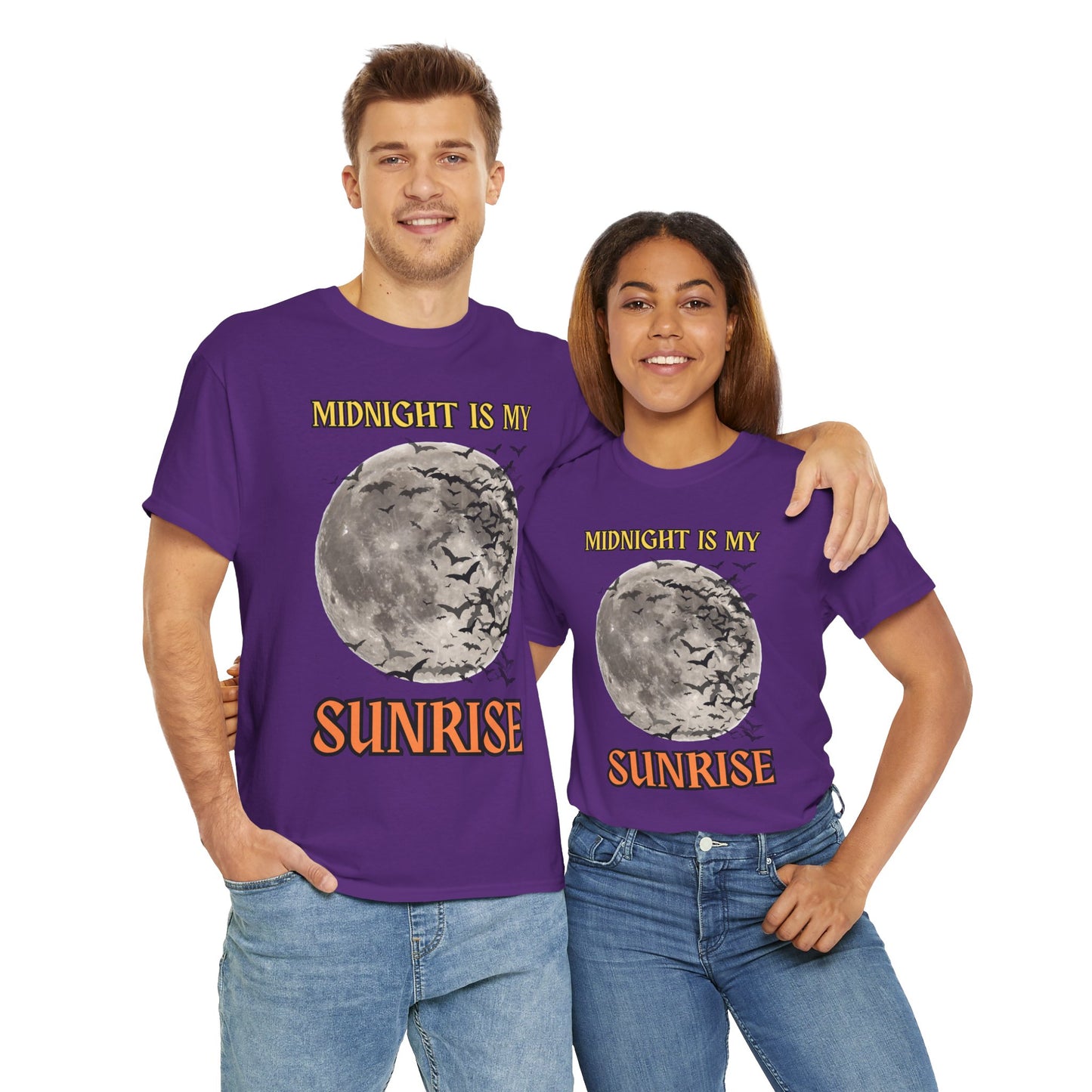'Midnight is My Sunrise' Unisex Heavy Cotton Tee Shirt - Graphic Tee for Night Owls, Scary, Creepy, Halloween, Gothic, Full Moon, Bats