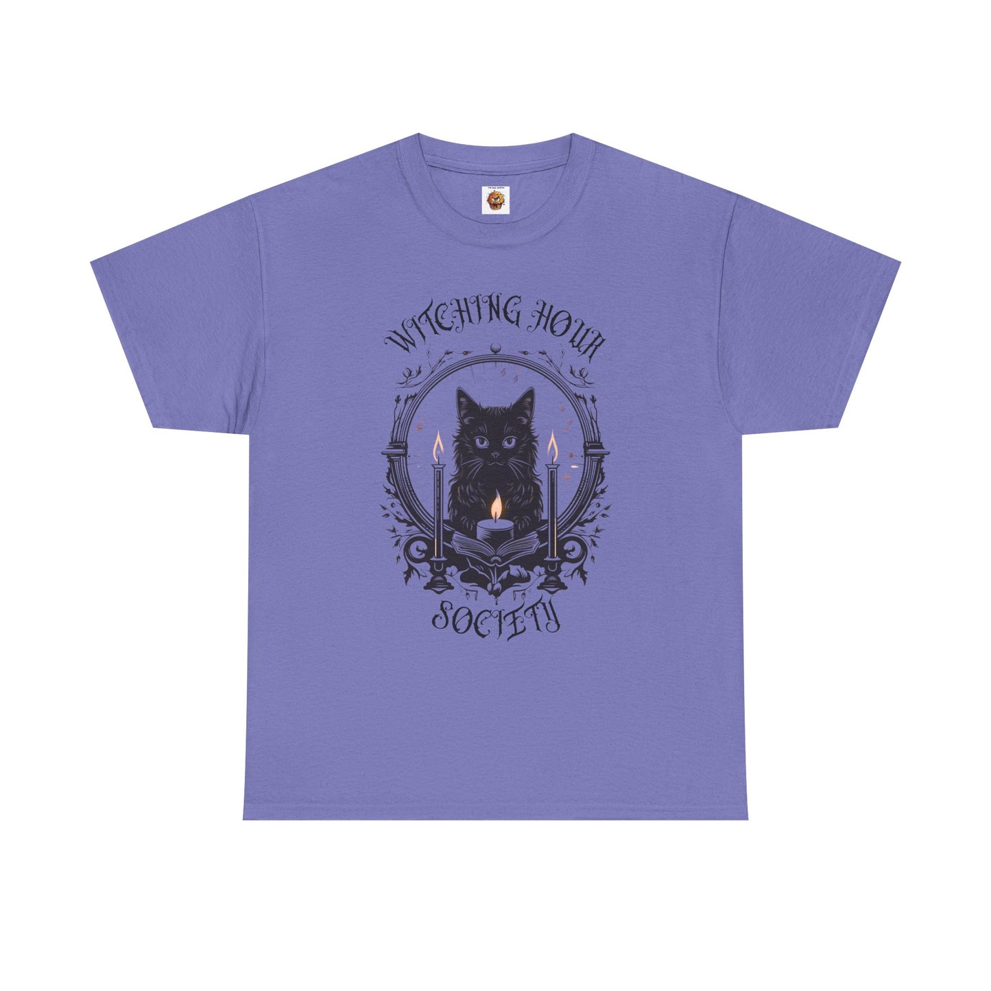 'Witching Hour Society' Cat Cat Tee Shirt- Unisex Heavy Cotton T-Shirt for Book Lovers, Reader, Gothic, Midnight, Scary, Creepy, Halloween
