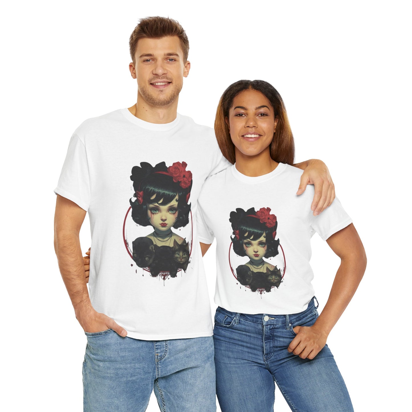 Coquette Gothic Girl With Cat Pets Unisex Heavy Cotton Tee Shirt T-Shirt - Artistic Floral Design, Horror, Scary, Disturbing, Halloween, Geek, Nerd