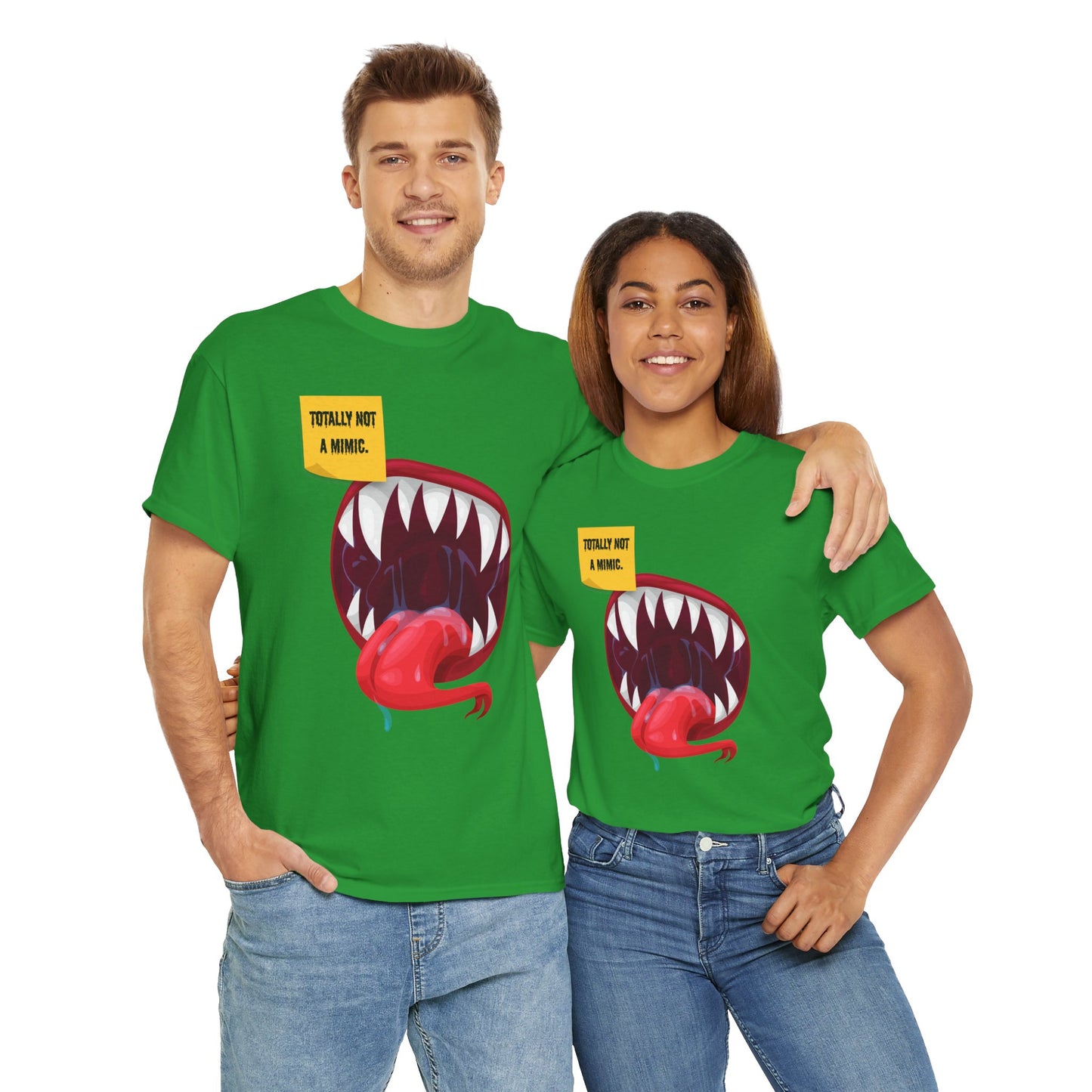 Funny Unisex Heavy Cotton Tee Shirt - "Totally Not a Mimic" Monster Mouth Design, D&D, DND, RPG, TTRPG, Roleplaying, Geek, Nerd, Teeth, Tongue