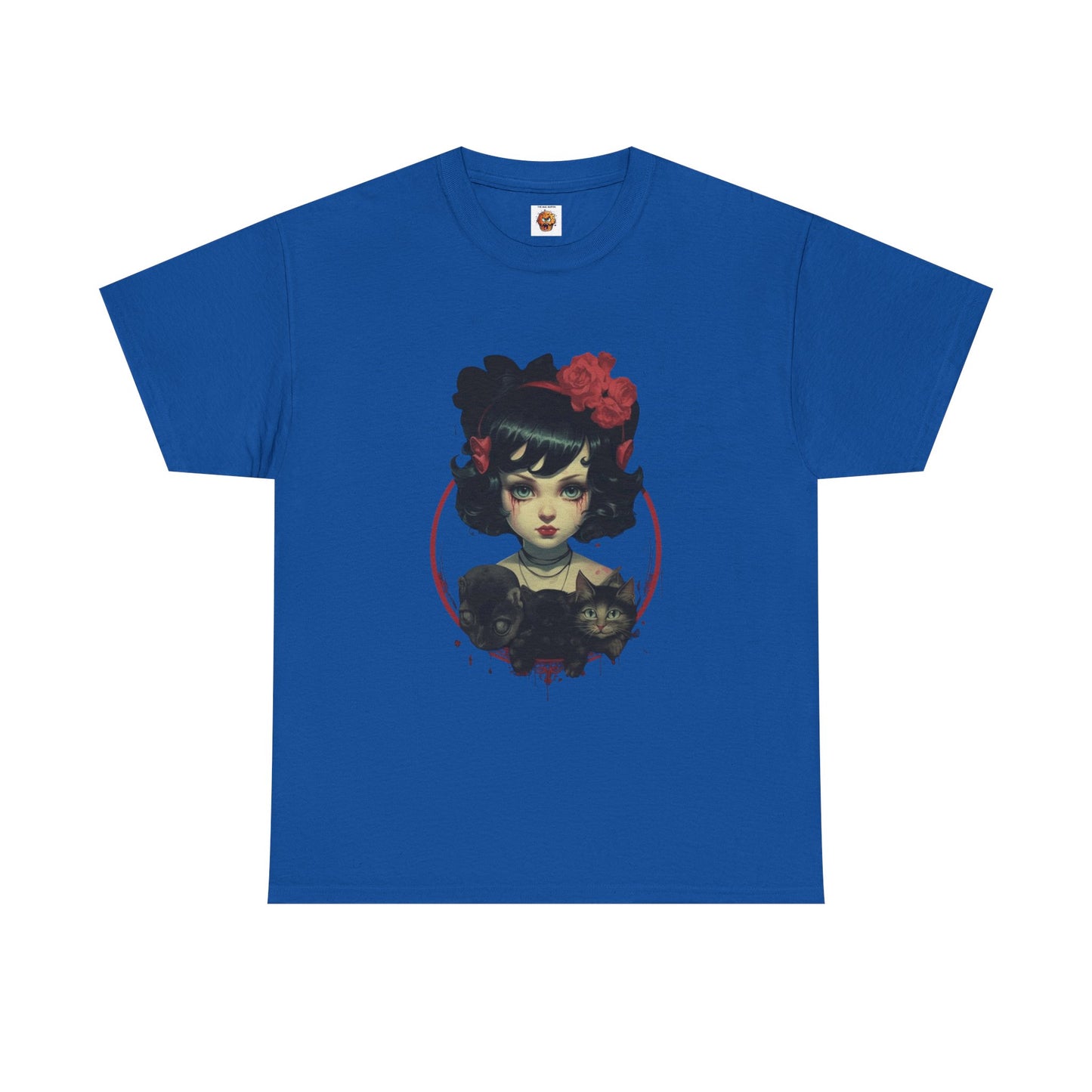 Coquette Gothic Girl With Cat Pets Unisex Heavy Cotton Tee Shirt T-Shirt - Artistic Floral Design, Horror, Scary, Disturbing, Halloween, Geek, Nerd