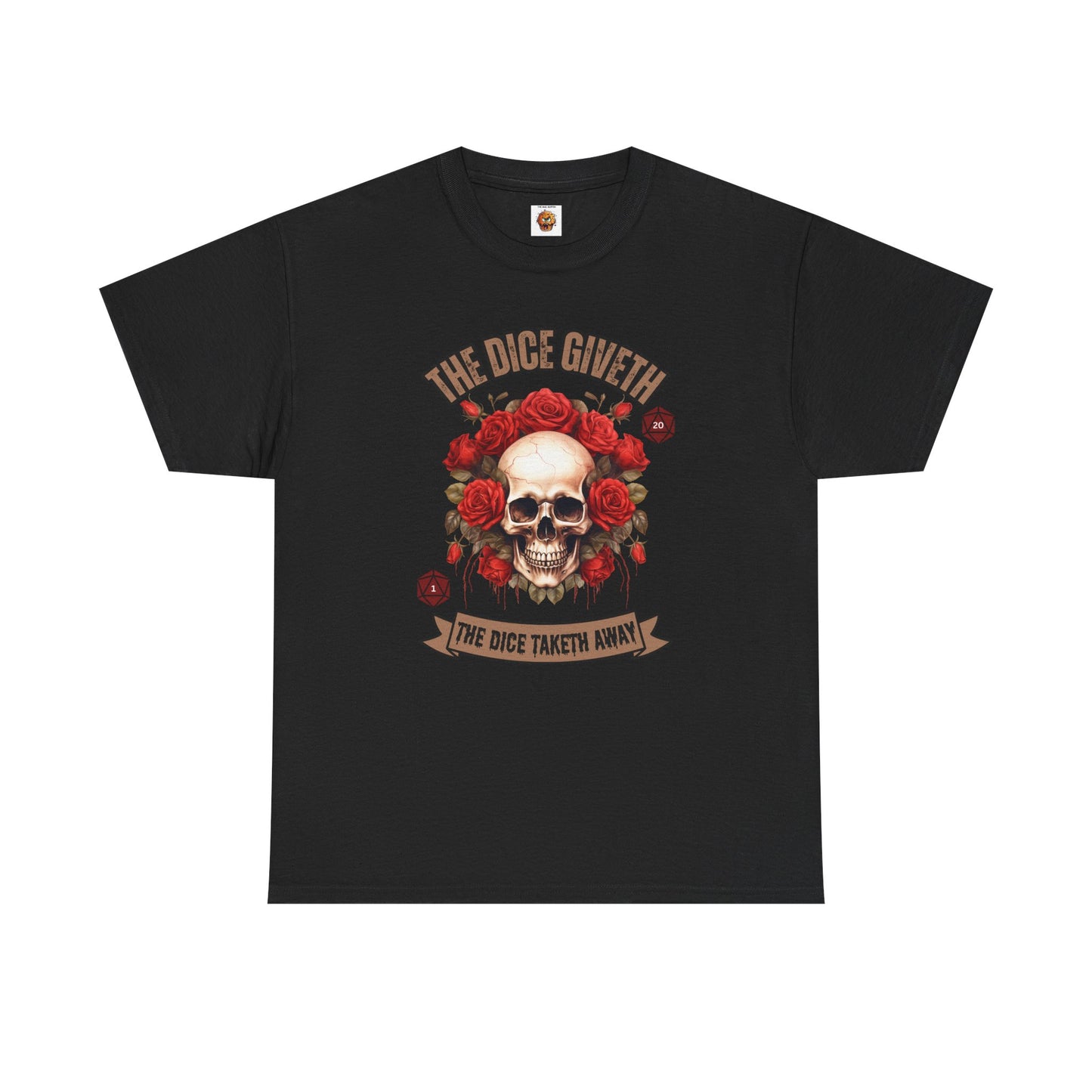 Skull & Roses 'The Dice Giveth The Dice Taketh Away' Graphic Tee, Unisex Heavy Cotton Tee, Casual Wear, Gift for Gamers, Alternative Fashion, D20, DND, RPG, TTRPG, Geek, Nerd