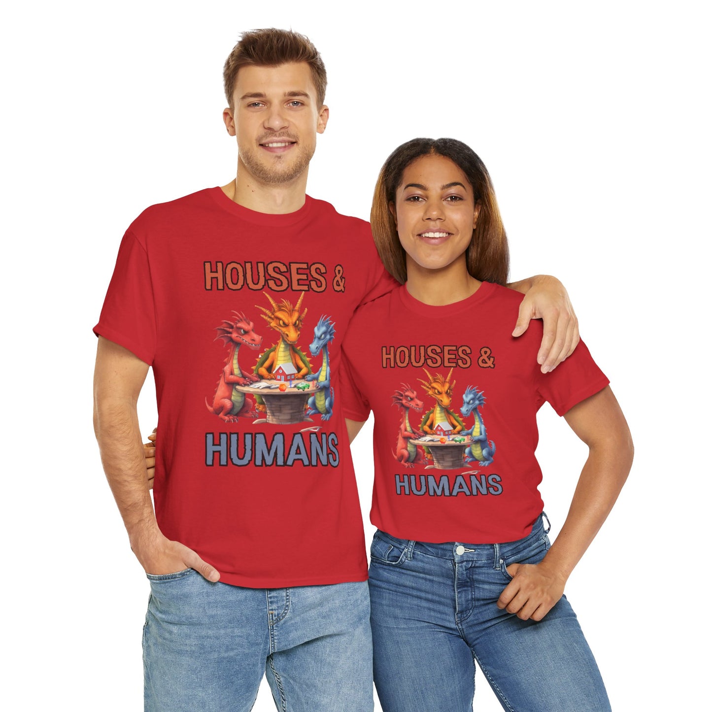 Funny 'Houses & Humans' Unisex Dragon Graphic Tee | Cute Fantasy Shirt for Fans | Gifts for Gamers, D&D, DND, RPG, TTRPG, Roleplaying, Geek, Nerd, D20