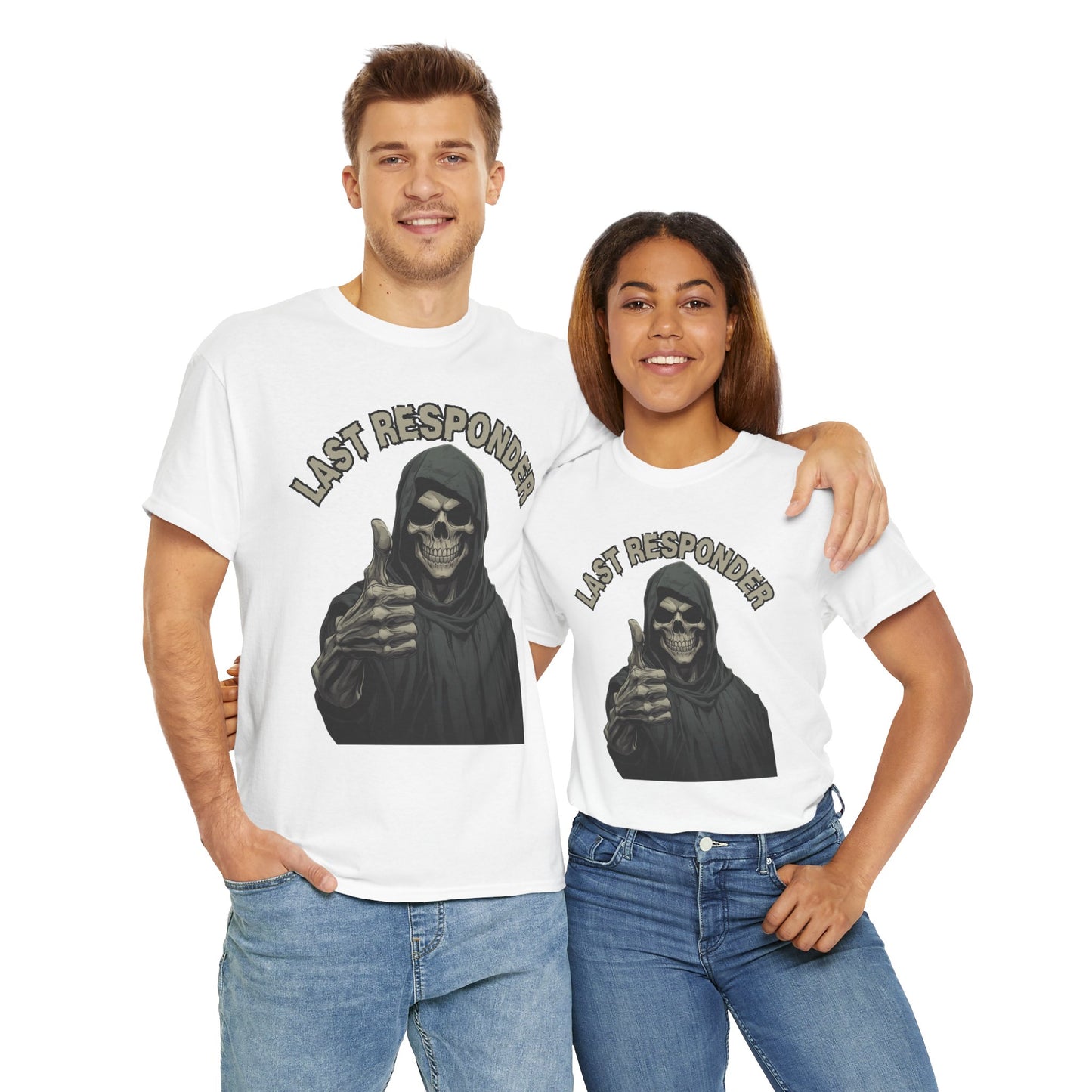 Last Responder Grim Reaper Death Unisex Heavy Cotton Tee Shirt - Horror, Scary, Creepy, Halloween, Dark Black Humor, Geek, Nerd