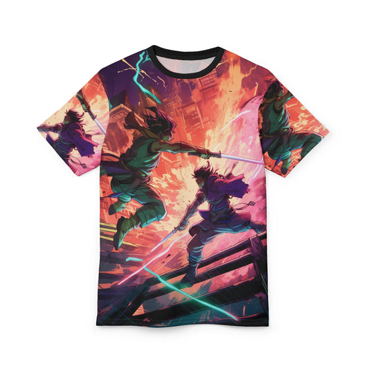 Neo-Tokyo Street Battle Epic Action AOP Unisex Tee - Heroic Battle Design, Shonen Anime, Weeb, Otaku, Geek, Nerd, Sword, Magic, Neon, Energy