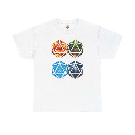 D20 Four Basic Elements Colorful Geometric Art Tee, Unisex Cotton T-Shirt, Modern Graphic Shirt, Gift for Art Lovers, Casual Everyday Wear, Festival Apparel, DND, RPG, TTRPG, Geek, Nerd