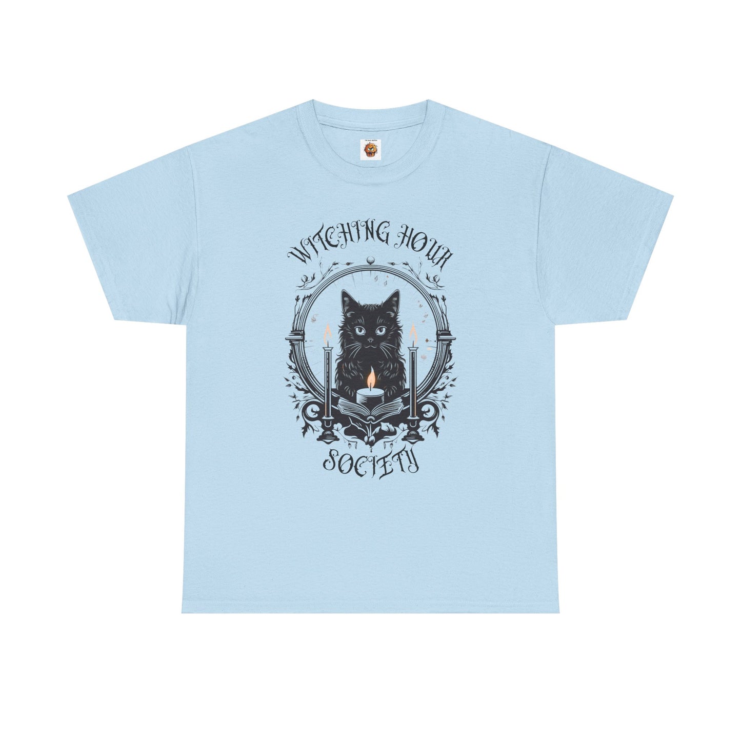 'Witching Hour Society' Cat Cat Tee Shirt- Unisex Heavy Cotton T-Shirt for Book Lovers, Reader, Gothic, Midnight, Scary, Creepy, Halloween