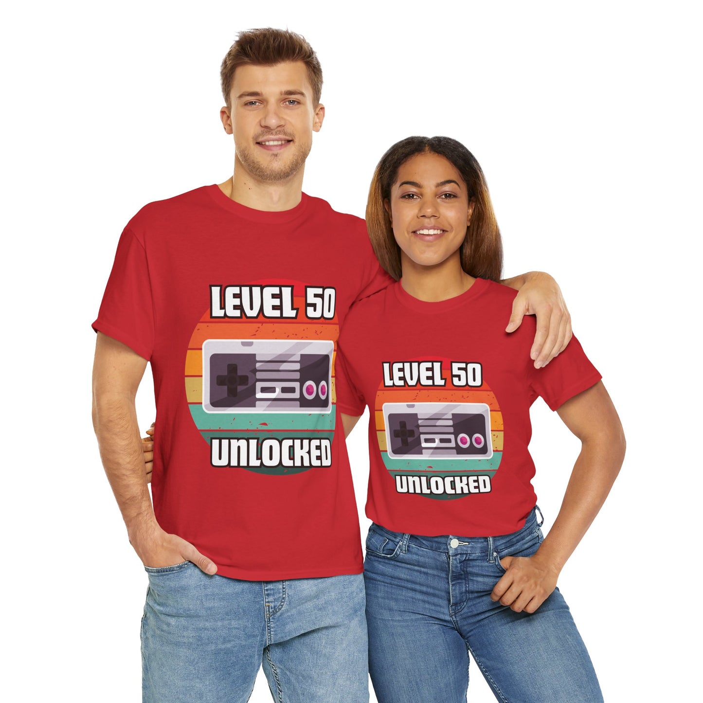 Gaming Level 50 Unlocked Tee - Unisex Heavy Cotton T-Shirt, Video Game, Gamer, Happy Birthday Shirt, Geek, Nerd, Retro
