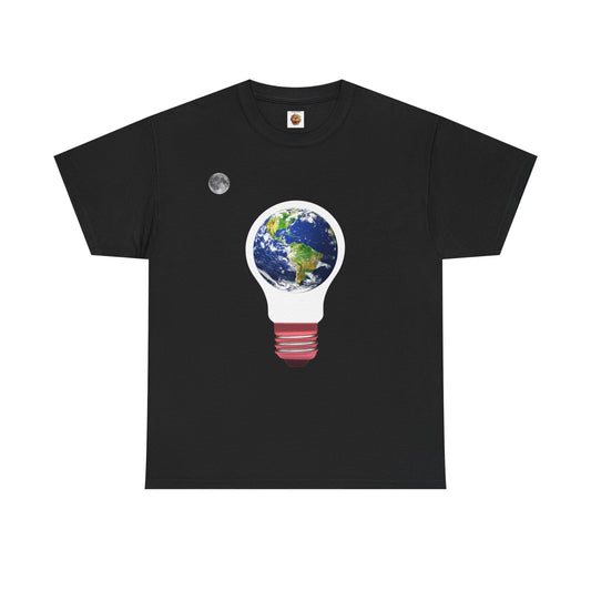 Earth Lightbulb Unisex Heavy Cotton Tee Shirt - Fun Graphic T-Shirt for Science Lovers, Moon, Sci-Fi, Geek, Nerd
