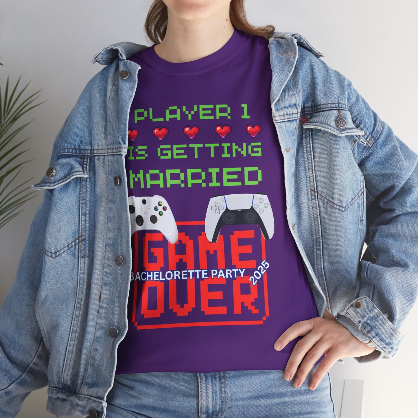 Gamer Girl Bachelorette Party 2025 Unisex Heavy Cotton Tee - "Player 1 is Getting Married", Video Game, Gaming, Console, PC, Tech, Geek, Squad, Nerd