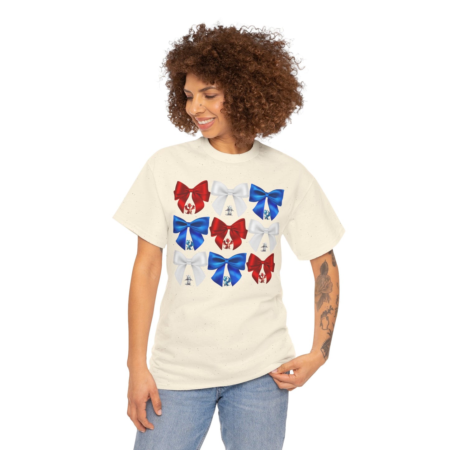 Coquette Red, White, and Blue Dragons & Bows Tee - American Flag, Perfect for Patriotic Events, Independence Day, BBQs, Family Gatherings, DND, RPG, TTRPG, Roleplaying, Geek, Nerd, 4th of July
