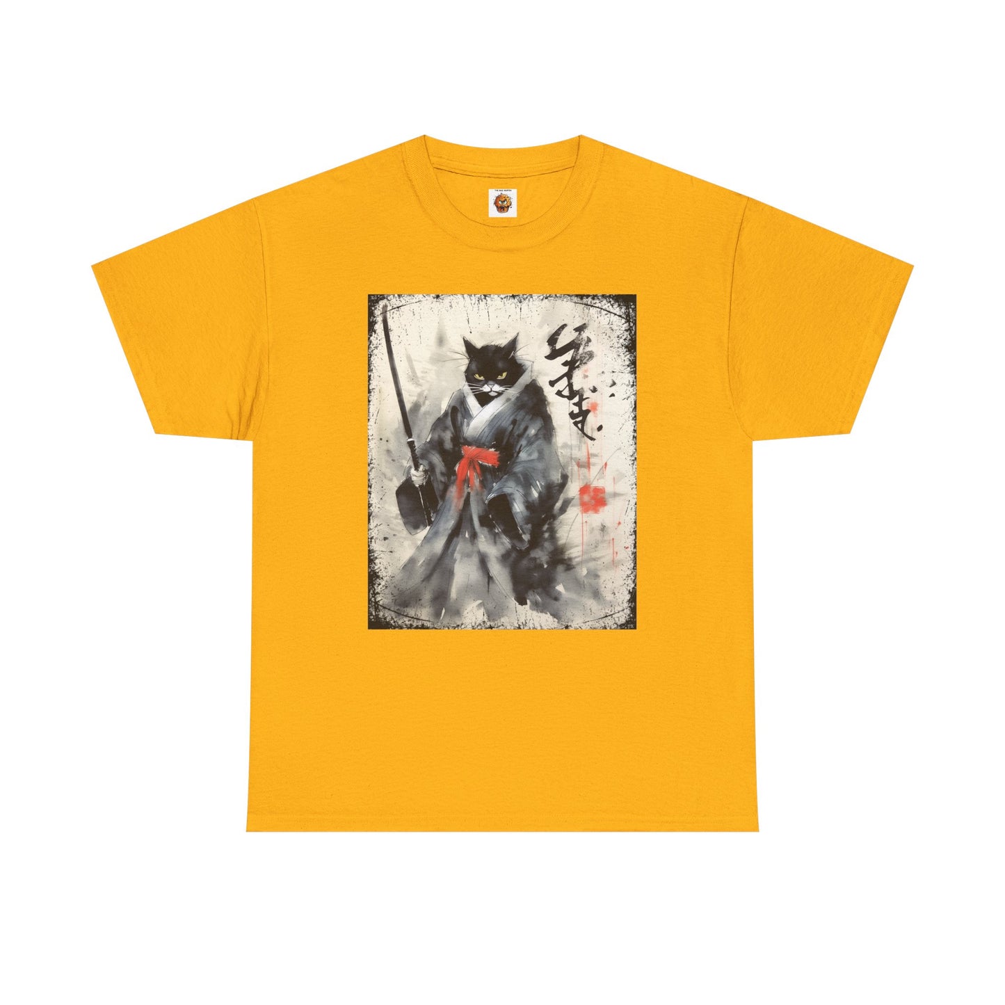 Samurai Cat Vintage Ukiyo-e Warrior Art Unisex Heavy Cotton Tee - Artistic Vintage Design, Japanese Ink Painting, Anime, Weeb, Otaku, Geek, Nerd