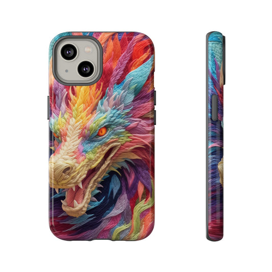 Vibrant 3D Embroidery Embroidered Rainbow Dragon Phone Case - Tough Protection for Fantasy Lovers, DND, RPG, TTRPG, Geek, Nerd