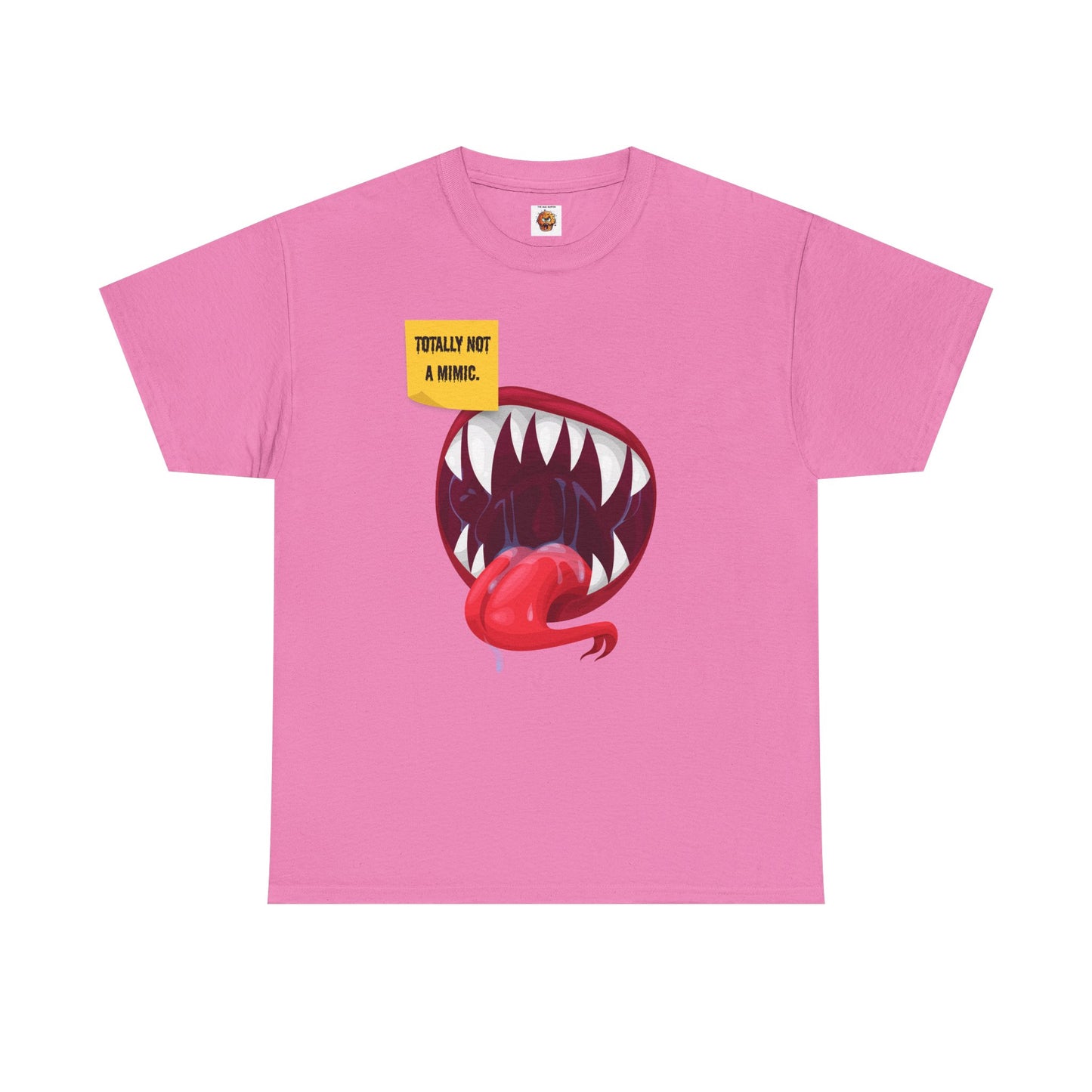 Funny Unisex Heavy Cotton Tee Shirt - "Totally Not a Mimic" Monster Mouth Design, D&D, DND, RPG, TTRPG, Roleplaying, Geek, Nerd, Teeth, Tongue