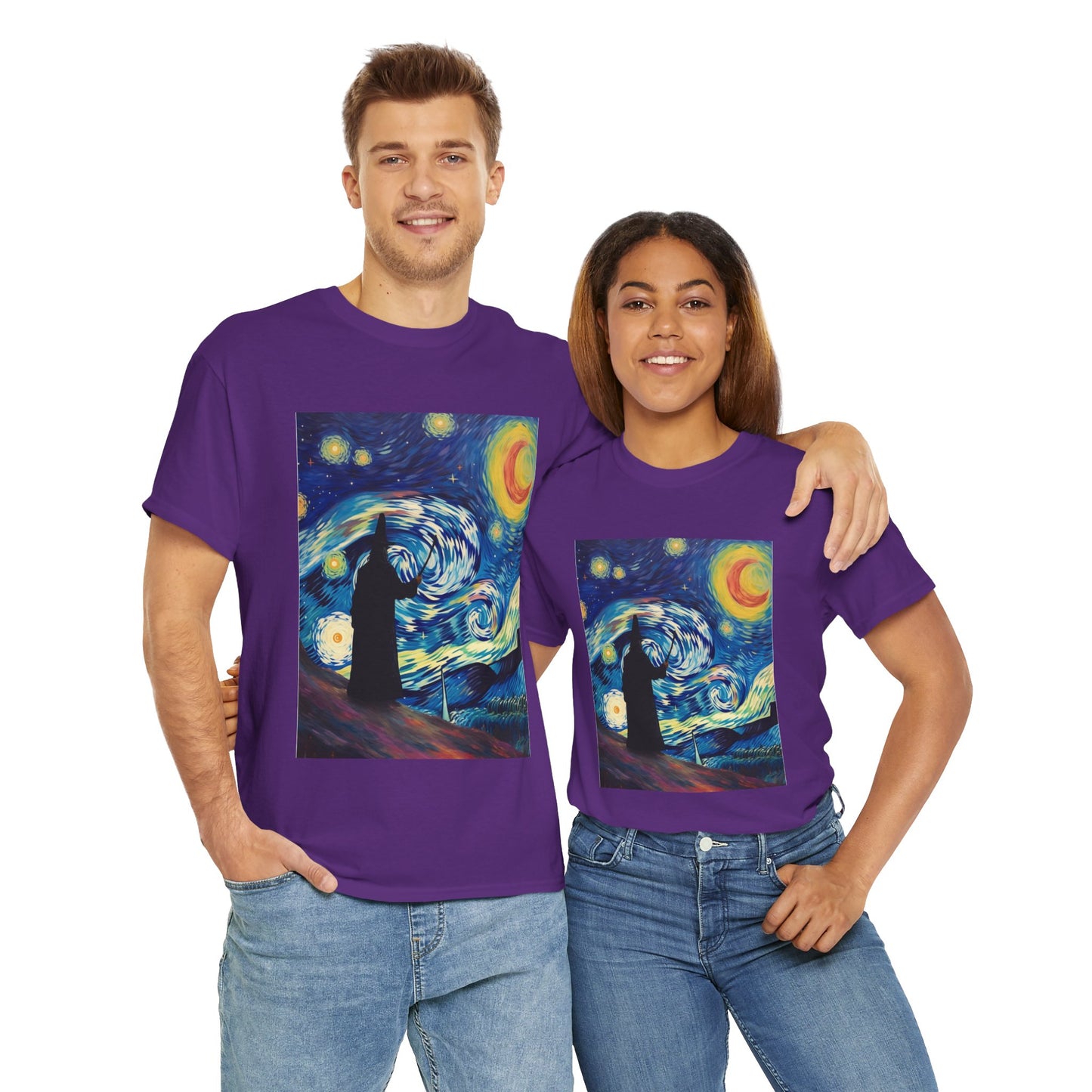 Casting Wizard Starry Night Unisex Heavy Cotton Tee - Artistic Graphic T-Shirt, D&D, DND, Fantasy, Magic, RPG, TTRPG, Geek, Nerd