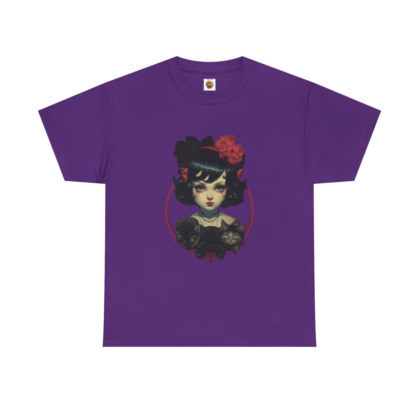 Coquette Gothic Girl With Cat Pets Unisex Heavy Cotton Tee Shirt T-Shirt - Artistic Floral Design, Horror, Scary, Disturbing, Halloween, Geek, Nerd