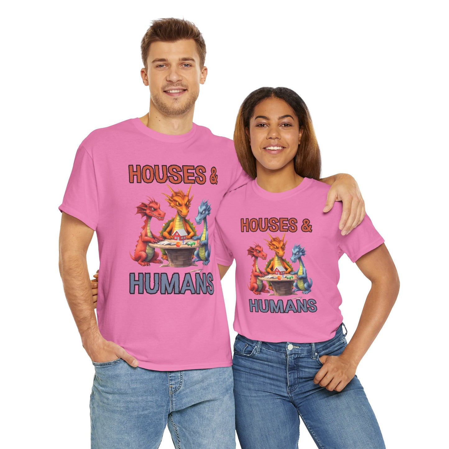 Funny 'Houses & Humans' Unisex Dragon Graphic Tee | Cute Fantasy Shirt for Fans | Gifts for Gamers, D&D, DND, RPG, TTRPG, Roleplaying, Geek, Nerd, D20