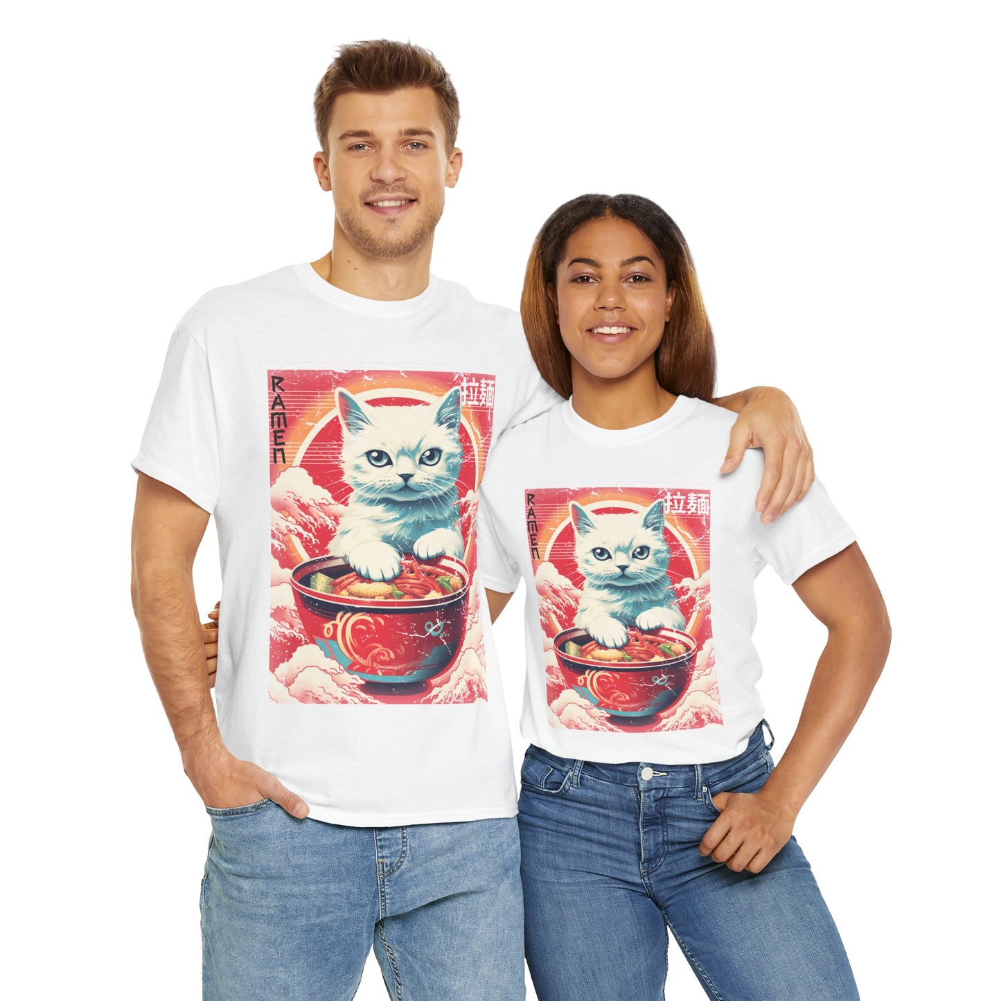 Cute Kawaii Anime Cat Eating Ramen Unisex Heavy Cotton Tee Shirt T-Shirt - Perfect for Animal Lovers and Foodies, Vintage Ad Style, Geek, Nerd