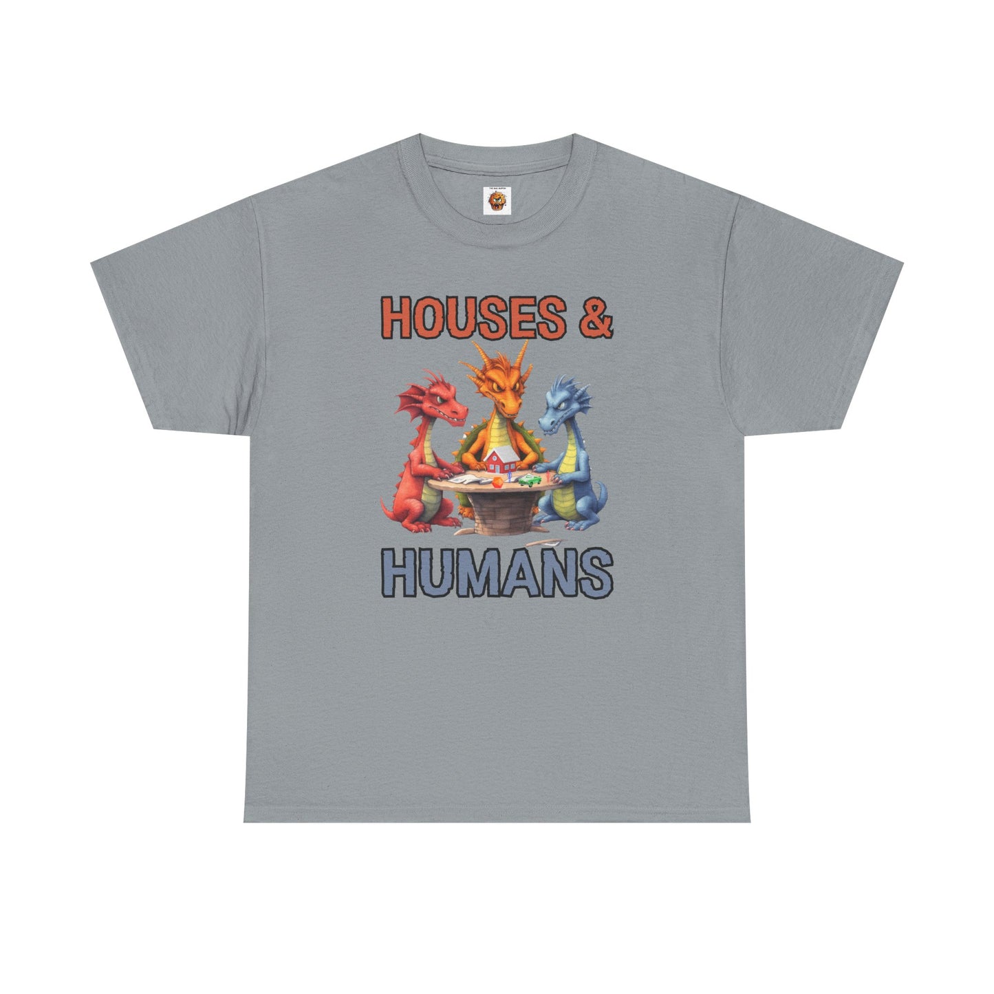 Funny 'Houses & Humans' Unisex Dragon Graphic Tee | Cute Fantasy Shirt for Fans | Gifts for Gamers, D&D, DND, RPG, TTRPG, Roleplaying, Geek, Nerd, D20