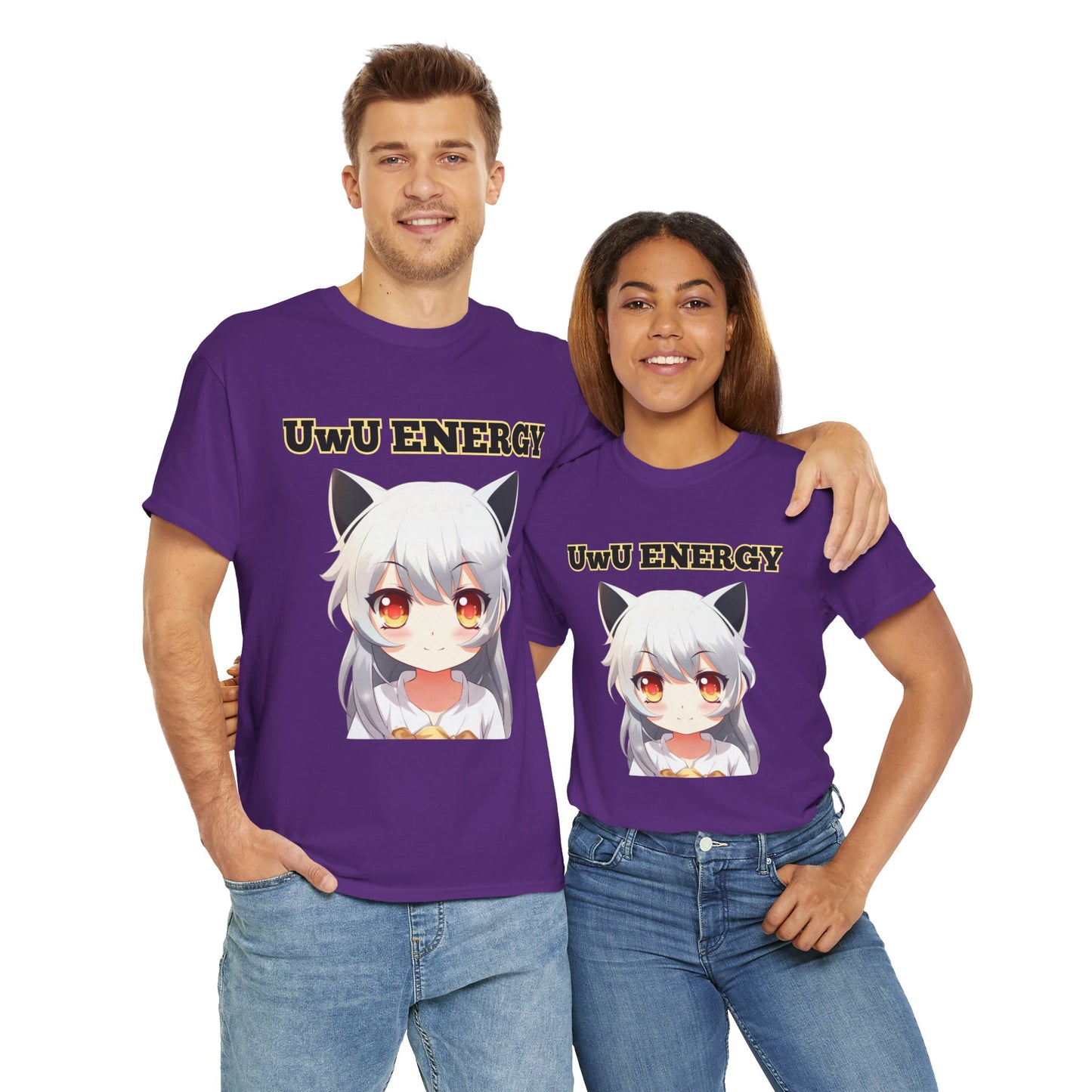 Cute Anime 'UwU ENERGY' Cat Girl Neko Nekomusume Unisex Heavy Cotton Tee Shirt T-Shirt - Weeb, Otaku, Geek, Nerd