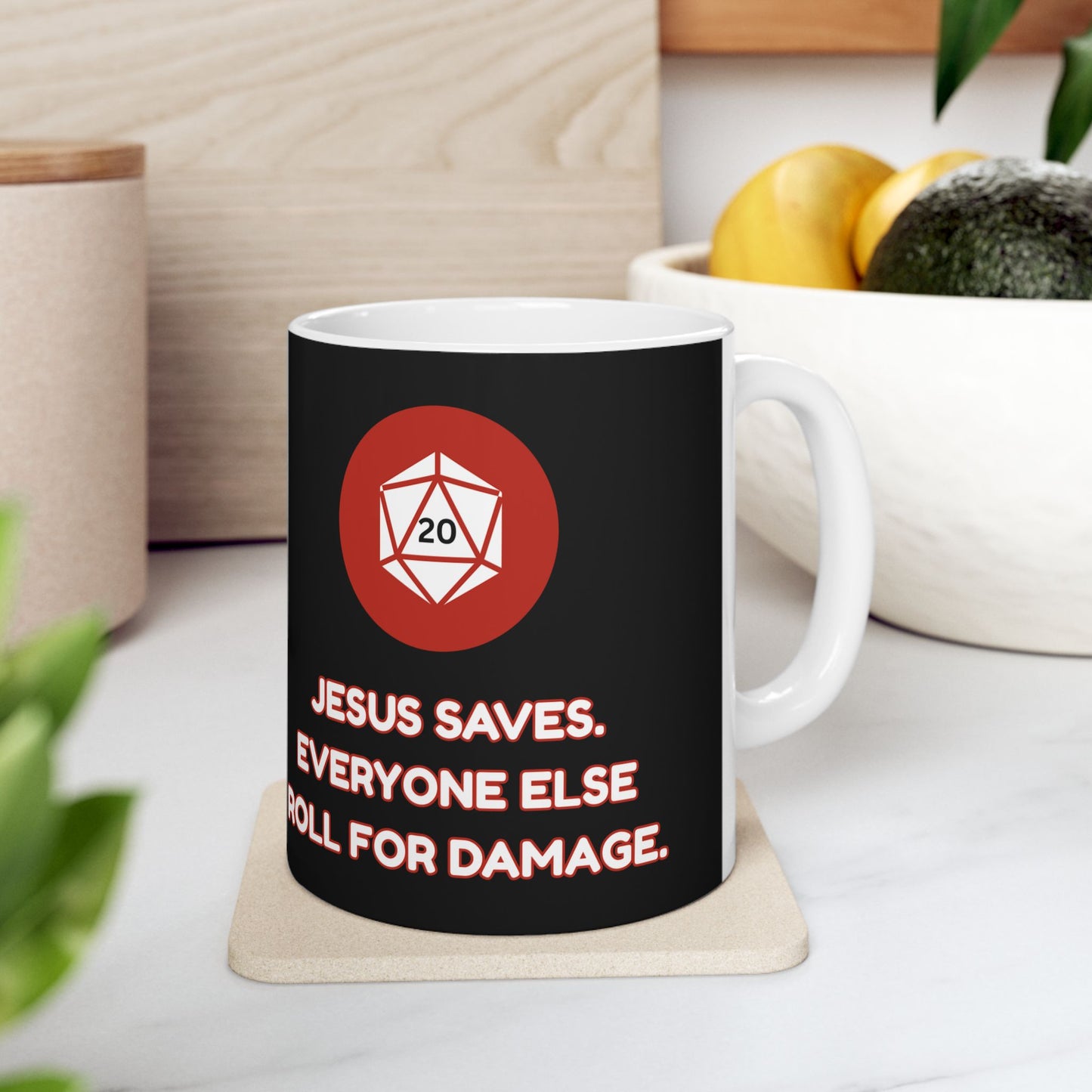 Funny Jesus Gaming Mug - Roll for Damage - Perfect Gift for Gamers, D&D, DND, RPG, TTRPG, Roleplaying, Geek, Nerd