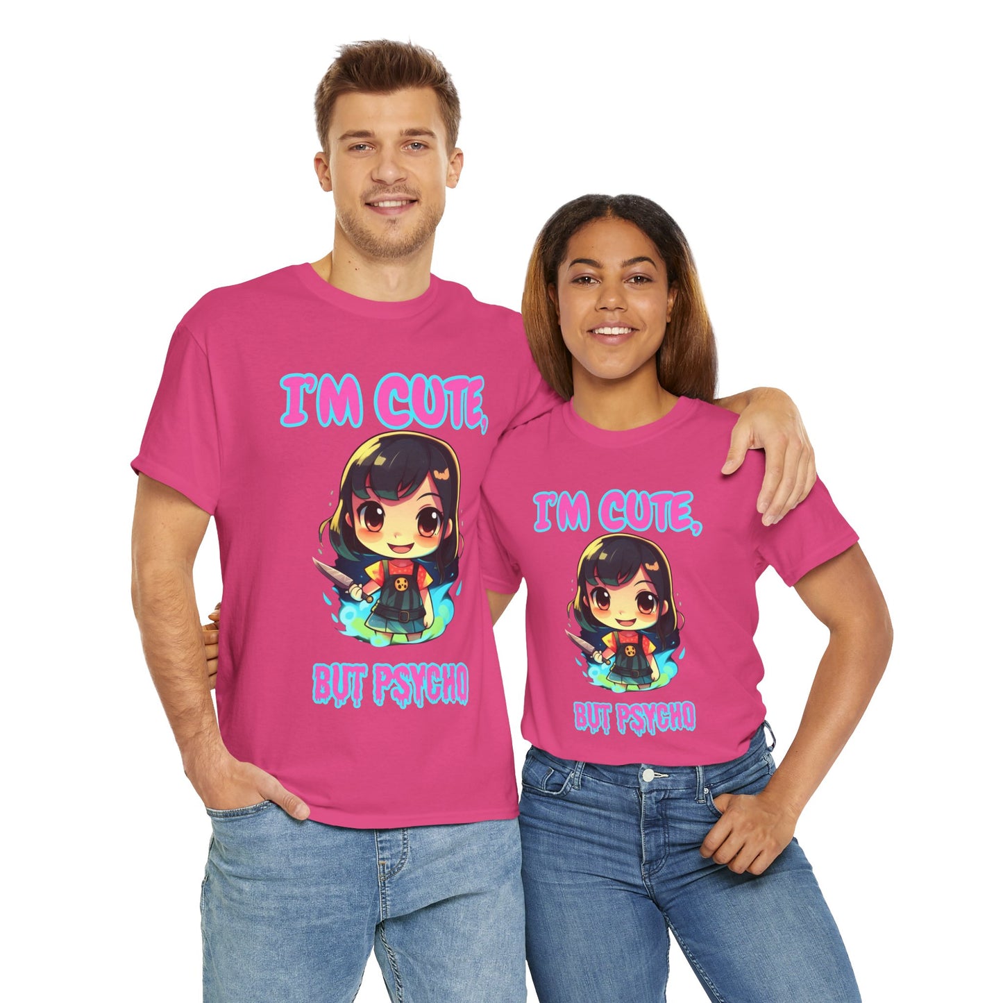 Cute But Psycho Unisex Heavy Cotton Tee Shirt - Trendy Graphic T-Shirt for Casual Wear, Scary Horror, Cute Kawaii Chibi Girl, Weeb, Otaku, Geek, Nerd