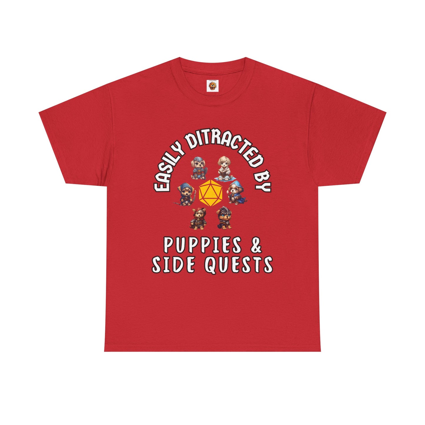 'Easily Distracted by Puppies & Side Quests' Unisex Heavy Cotton Tee Shirt - Shirt for Dog Lovers, DND, RPG, TTRPG, Roleplaying Game, Geek, Nerd