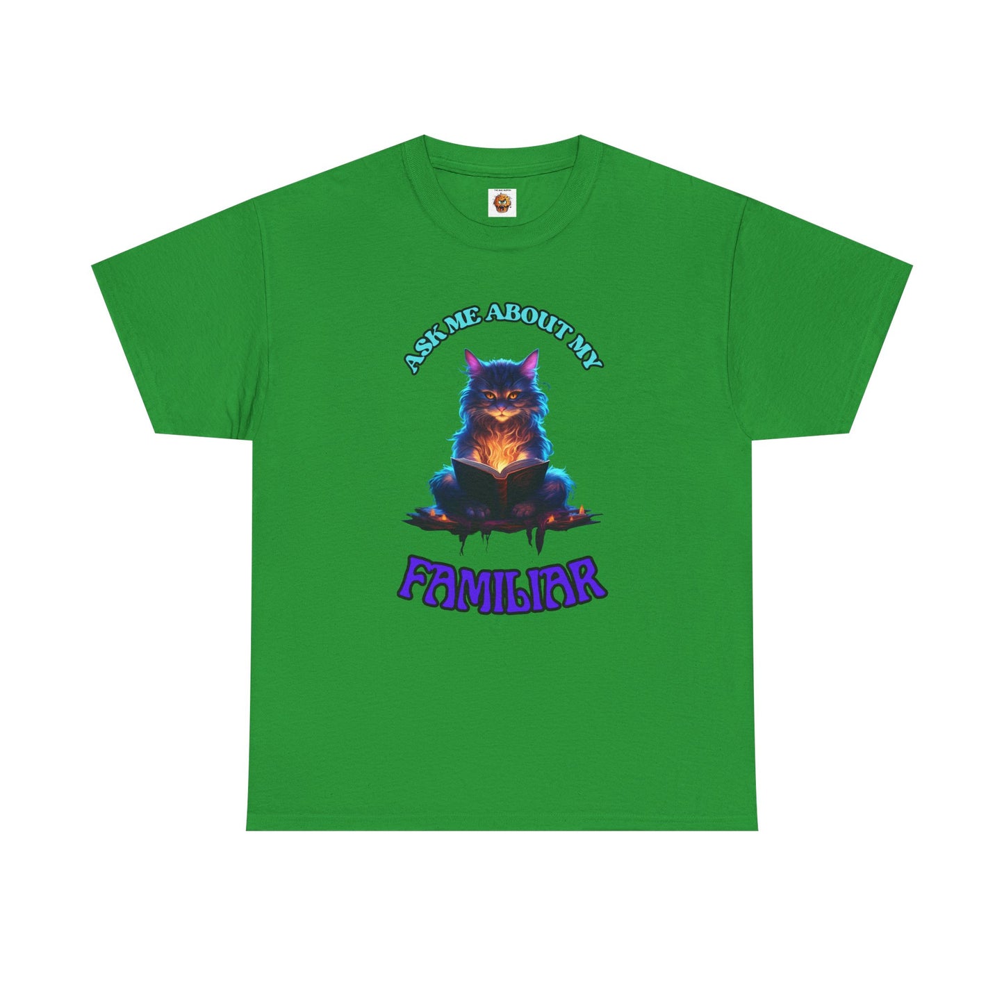 'Ask Me About My Familiar' Mystical Cat Enamel Tee, Cute Animal T-Shirt, Gift for Cat Lovers, Fun Graphic Tee, Witch, DND, RPG, TTRPG, Geek, Nerd