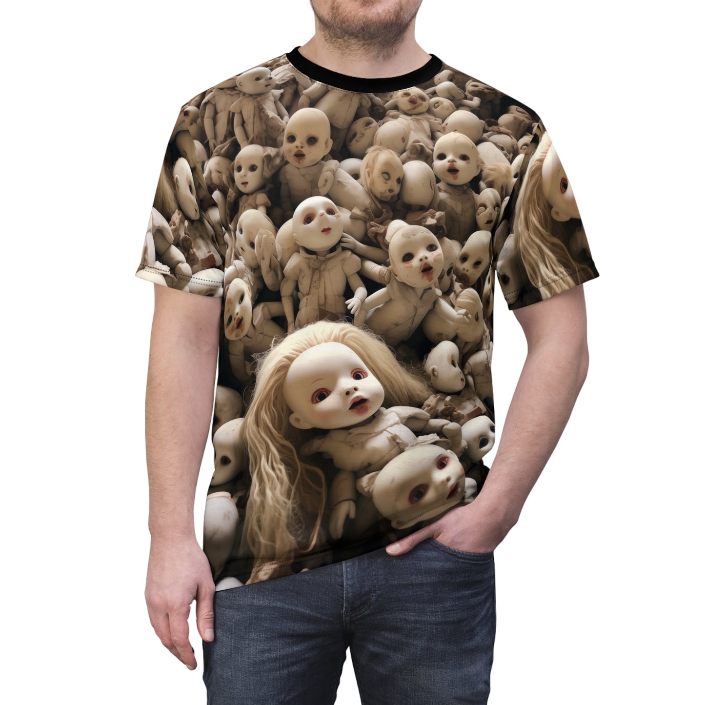Creepy Mass of Dolls AOP Unisex Tee - For Halloween and Horror Fans, Scary, Gothic, T-Shirt
