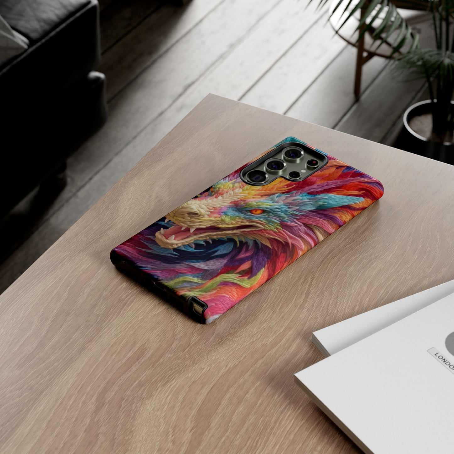 Vibrant 3D Embroidery Embroidered Rainbow Dragon Phone Case - Tough Protection for Fantasy Lovers, DND, RPG, TTRPG, Geek, Nerd