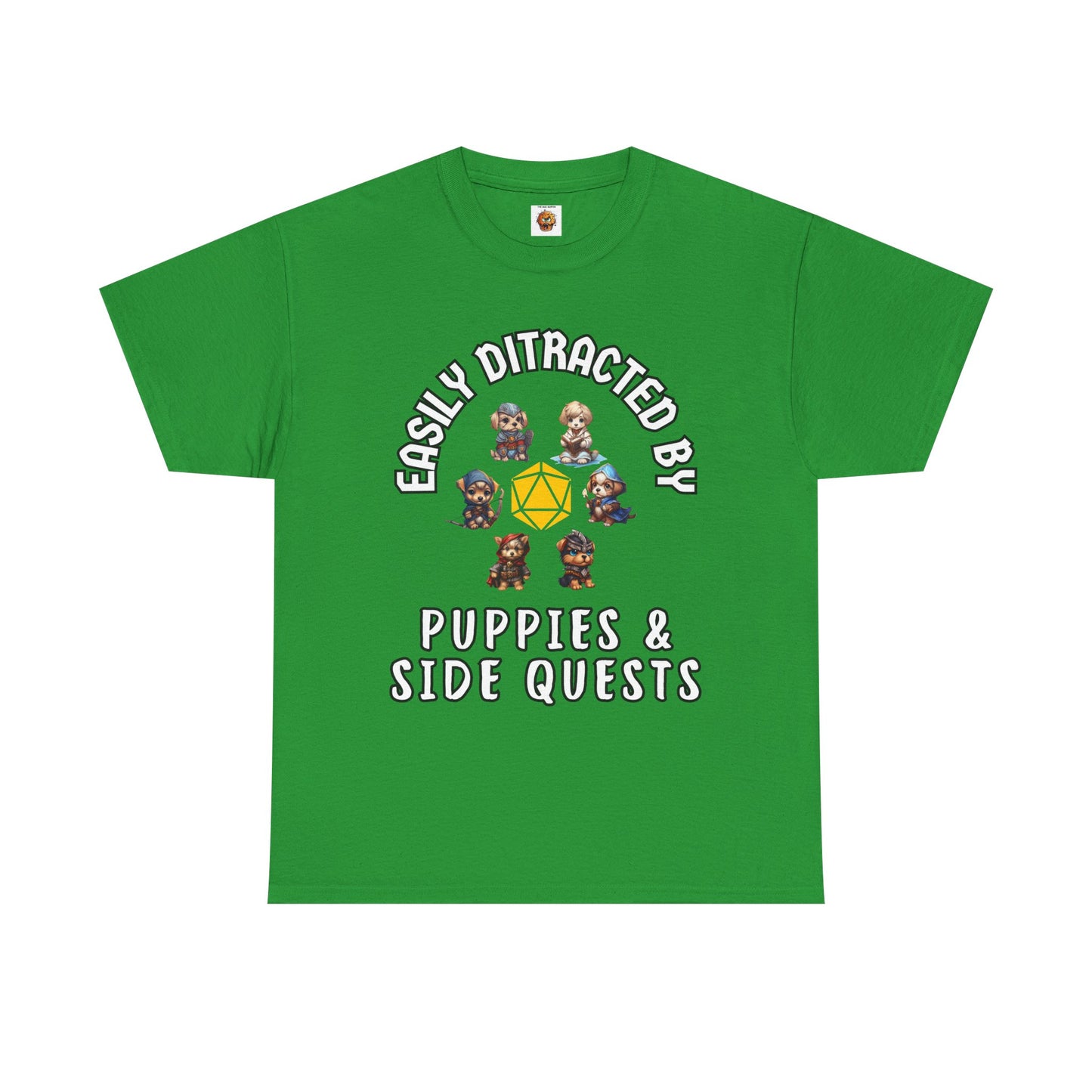'Easily Distracted by Puppies & Side Quests' Unisex Heavy Cotton Tee Shirt - Shirt for Dog Lovers, DND, RPG, TTRPG, Roleplaying Game, Geek, Nerd