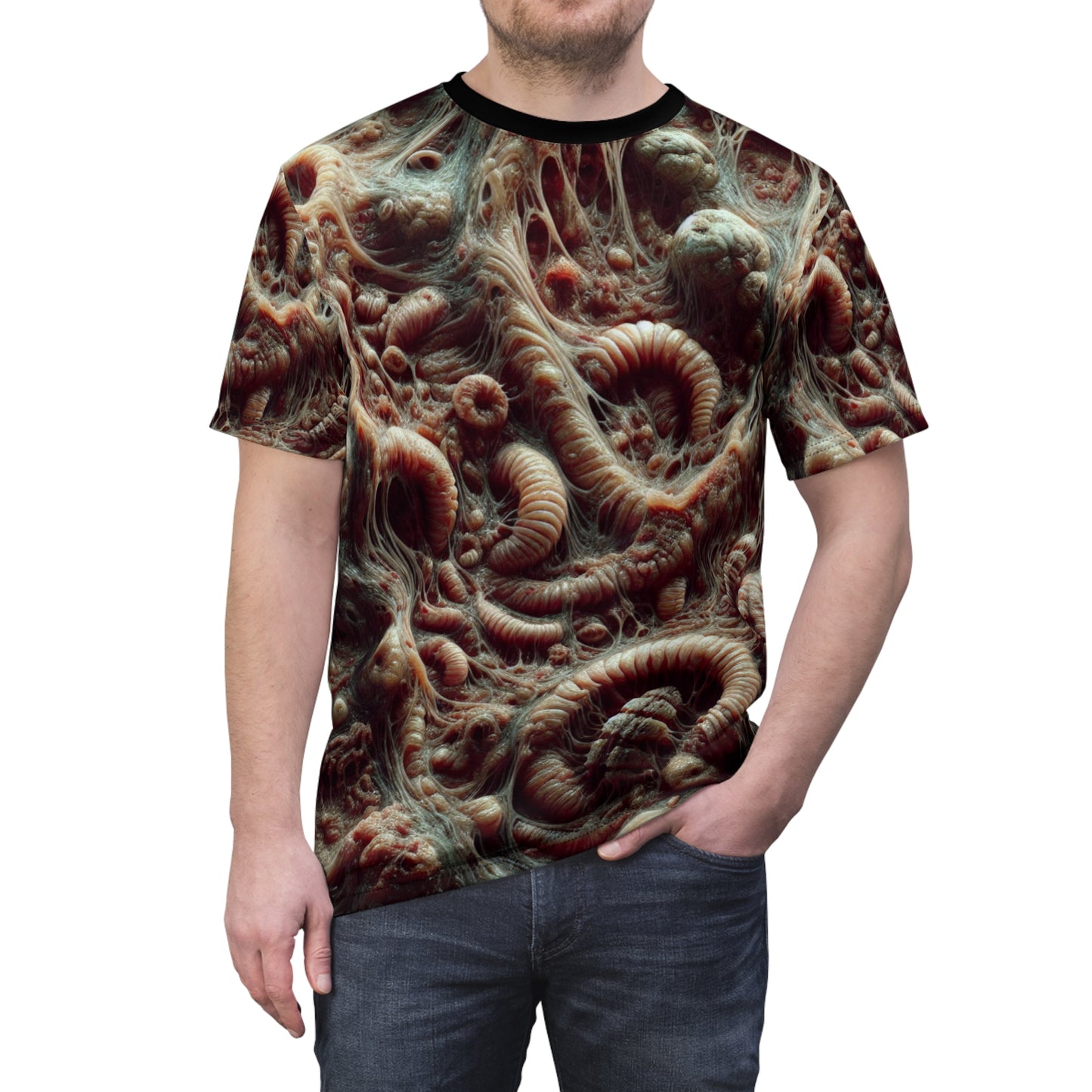 Parasitic Infestation (Body Horror) AOP Unisex Sci-Fi Tee - Intricate Organic Pattern Design, Veins, Boils, Parasites, Worms, Tentacles, Gross, Scary, Creepy, Halloween