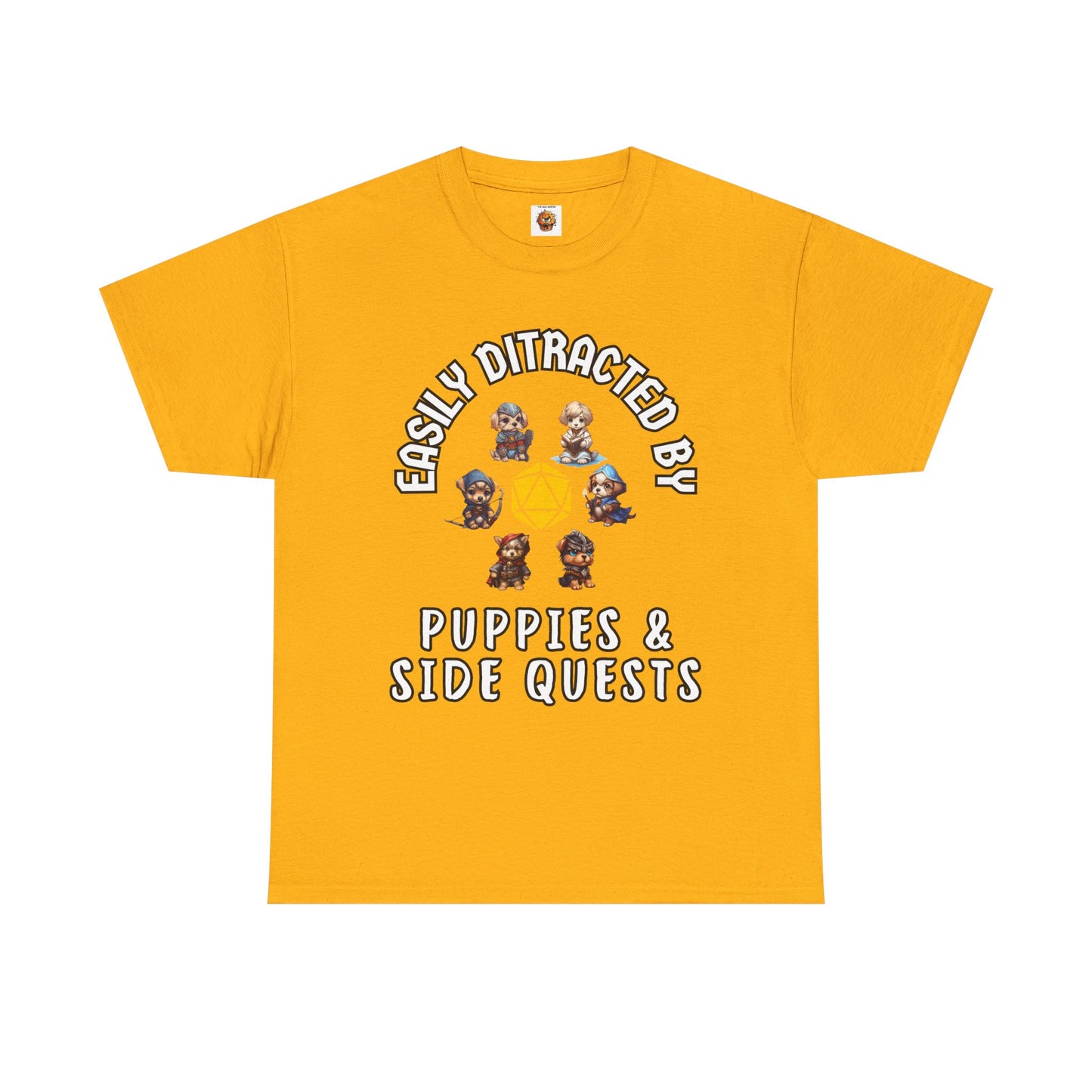 'Easily Distracted by Puppies & Side Quests' Unisex Heavy Cotton Tee Shirt - Shirt for Dog Lovers, DND, RPG, TTRPG, Roleplaying Game, Geek, Nerd