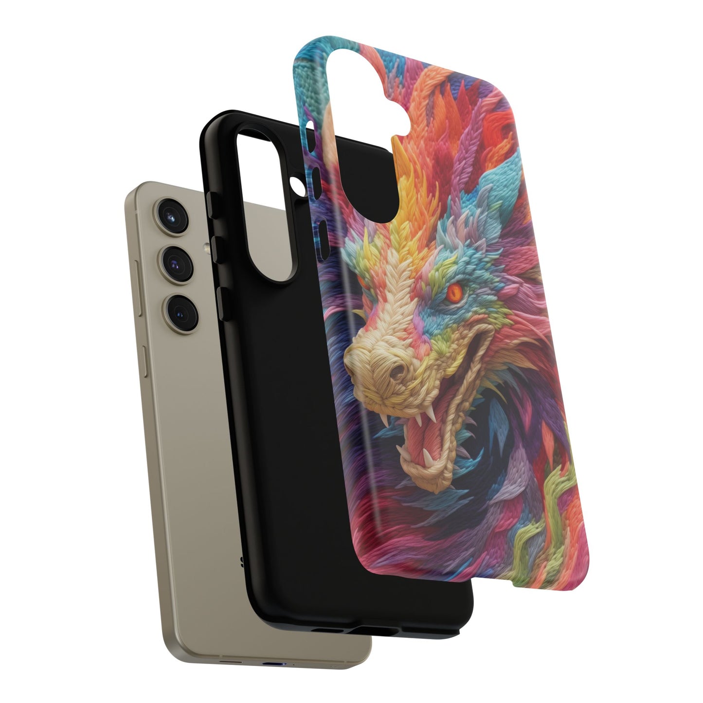 Vibrant 3D Embroidery Embroidered Rainbow Dragon Phone Case - Tough Protection for Fantasy Lovers, DND, RPG, TTRPG, Geek, Nerd