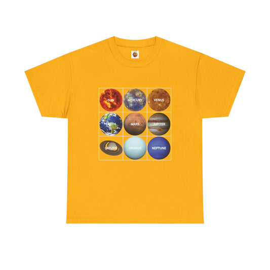 Cosmic Planet Solar System Graphic Tee Shirt- Unisex Heavy Cotton T-Shirt, Sun, Space, Galactic, Science, Geek, Nerd