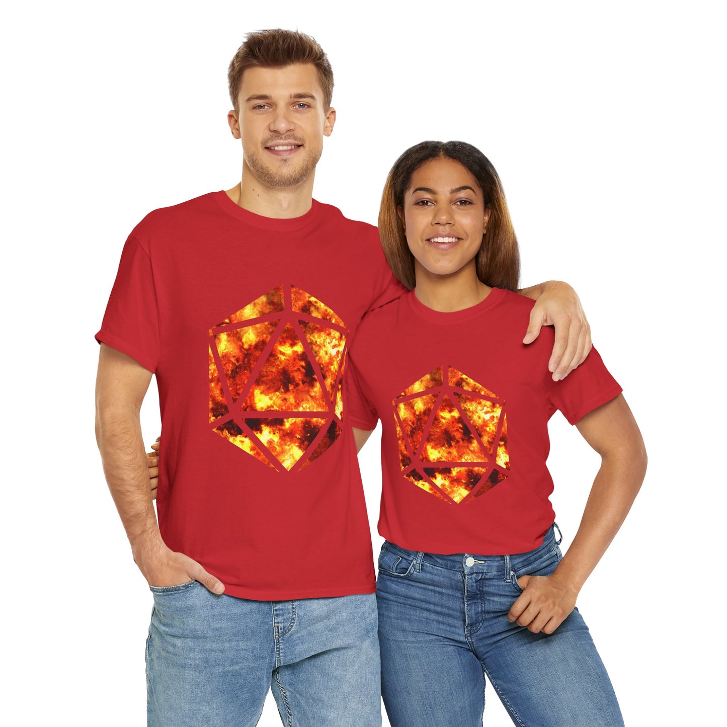 D20 Fire Element Fiery Geometric Unisex Tee - Bold Graphic Cotton Shirt, Casual Wear, Streetwear, Gamer Gift, Unique Art Tee, DND, RPG, TTRPG, Geek, Nerd