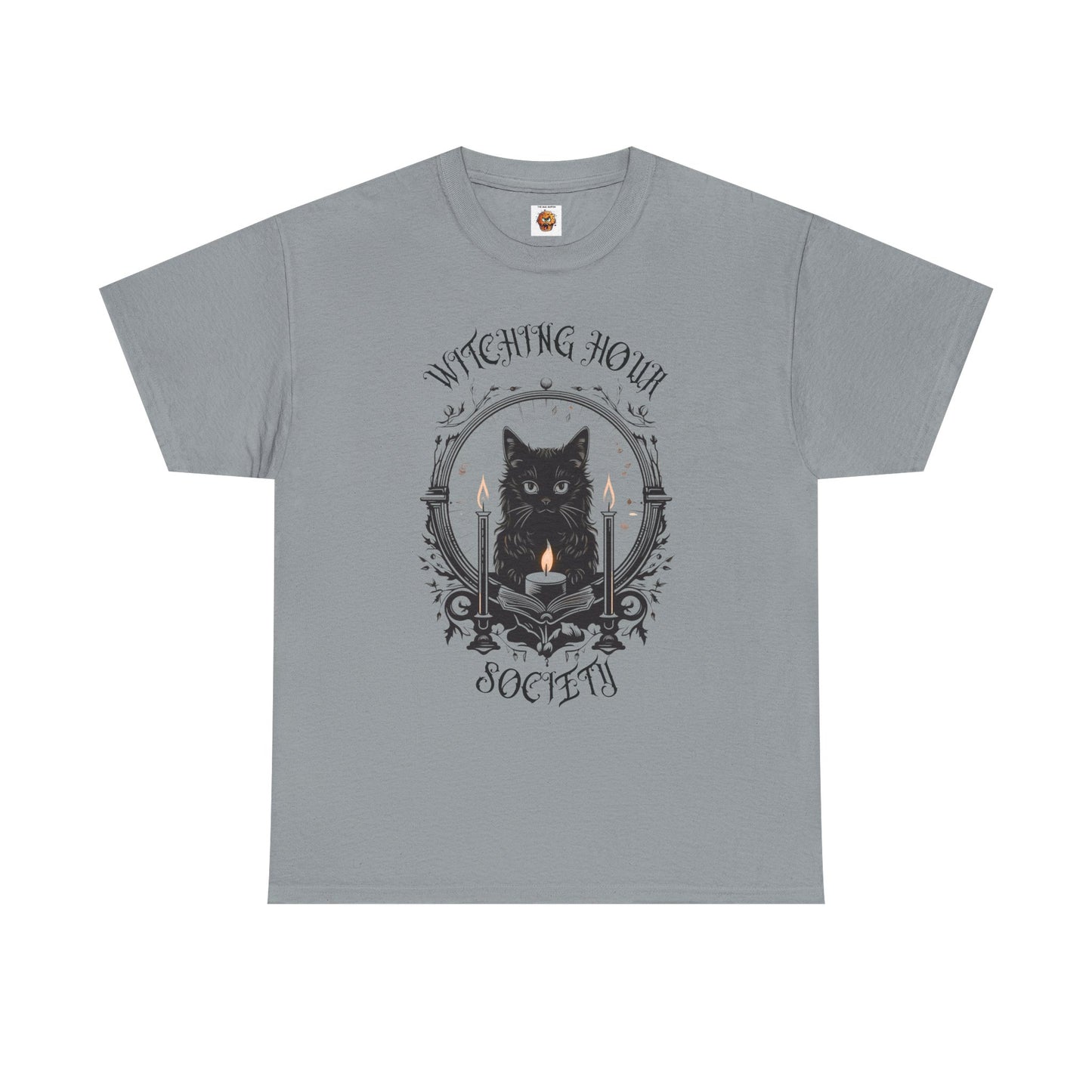 'Witching Hour Society' Cat Cat Tee Shirt- Unisex Heavy Cotton T-Shirt for Book Lovers, Reader, Gothic, Midnight, Scary, Creepy, Halloween