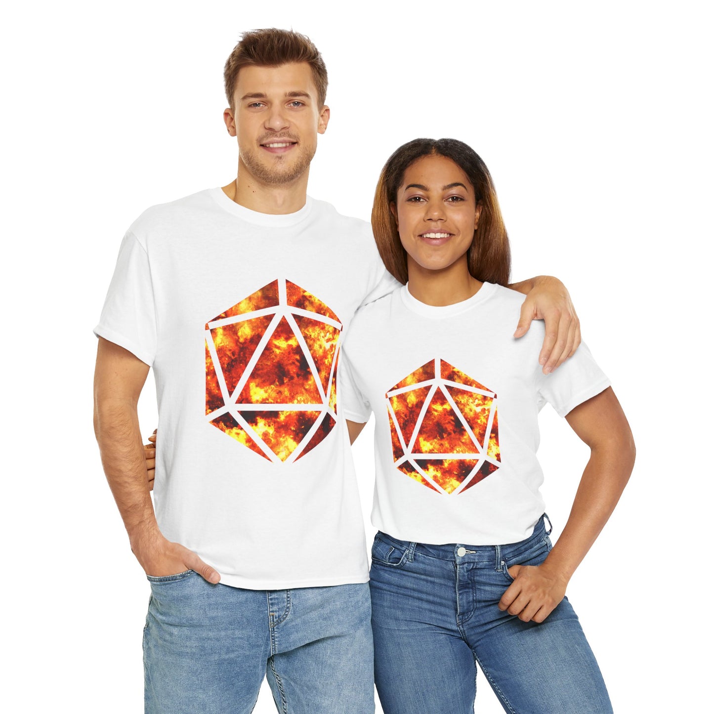 D20 Fire Element Fiery Geometric Unisex Tee - Bold Graphic Cotton Shirt, Casual Wear, Streetwear, Gamer Gift, Unique Art Tee, DND, RPG, TTRPG, Geek, Nerd