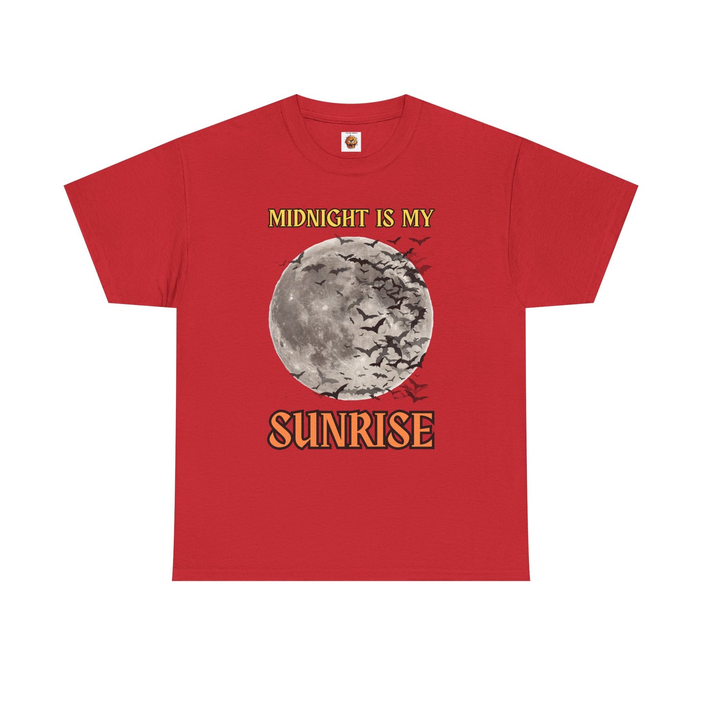 'Midnight is My Sunrise' Unisex Heavy Cotton Tee Shirt - Graphic Tee for Night Owls, Scary, Creepy, Halloween, Gothic, Full Moon, Bats